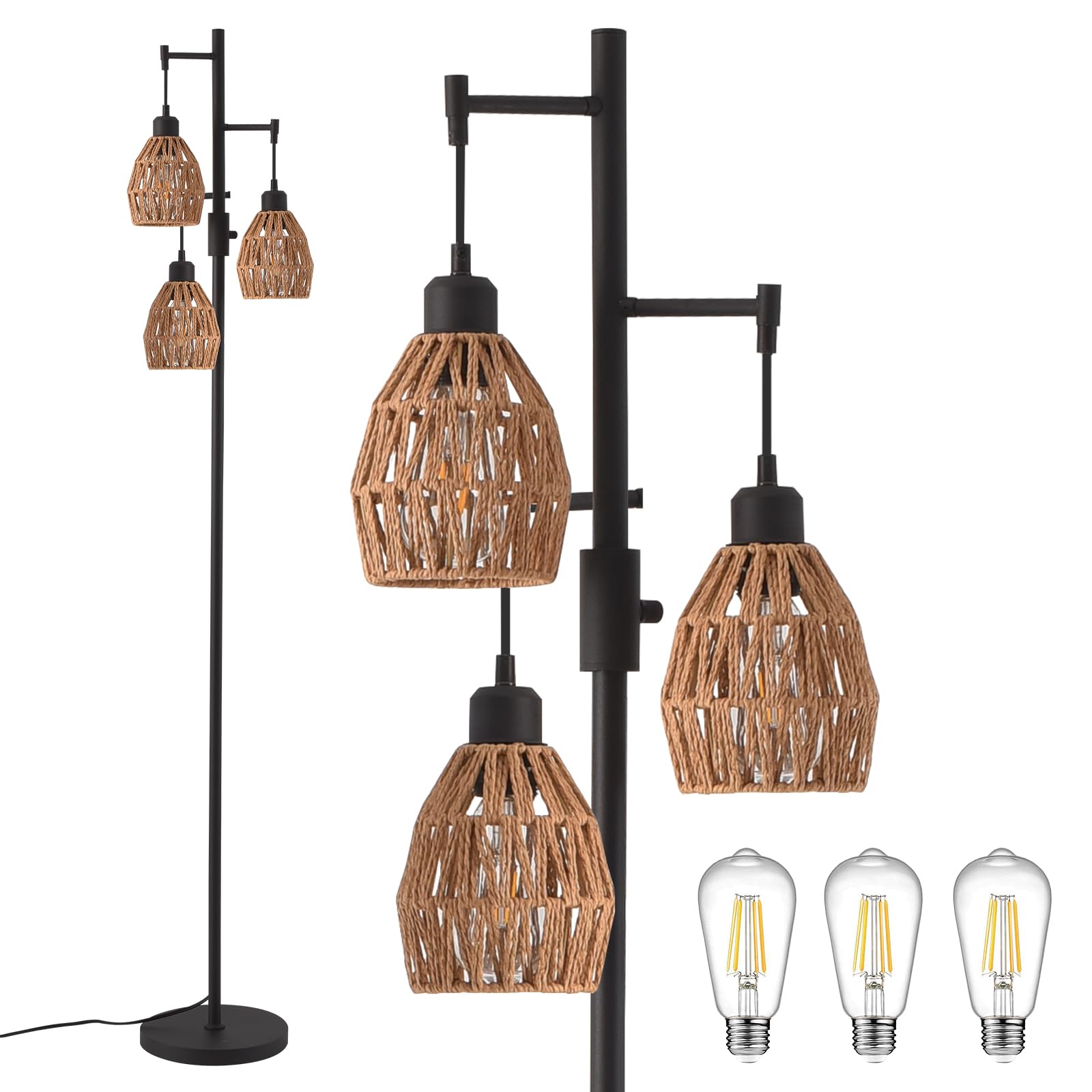 Lumenfox Boho Rattan Floor Lamp-Standing Lamps for Living Room 70'' Dimmable Floor Lamp with Cage Shade, Industrial Farmhouse Fl