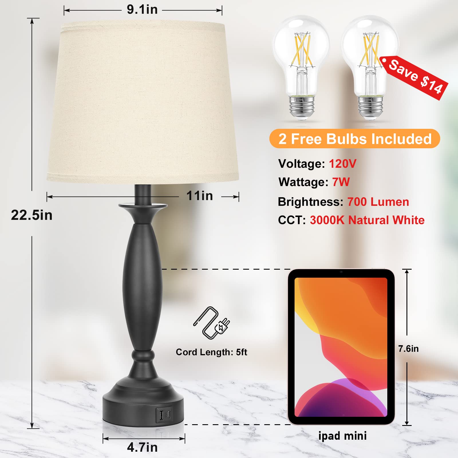 Beige Lamps For Bedrooms Set Of 2 - Touch Control Bedside Lamp With Usb C+A, 3 Way Dimmable Nightstand Lamps With Usb Port, Tabl