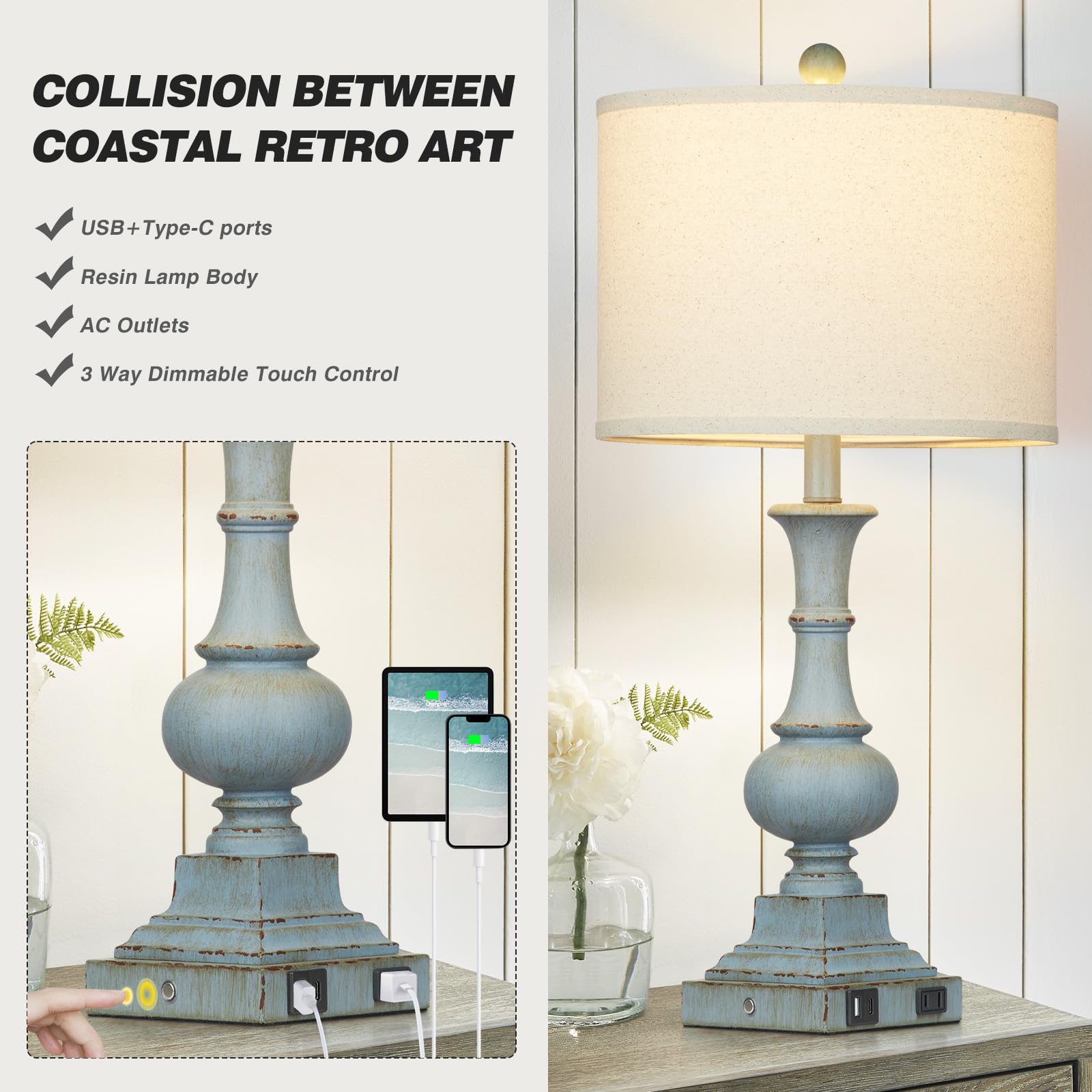 Farmhouse Table Lamps Set Of 2, Rustic Touch Control Bedside Lamps With 2 Usb Ports & Ac Outlet, Vintage Resin 3-Way Dimmable Nightstand Lamp Linen Fabric Shade For Living Room Bedroom Decor Blue