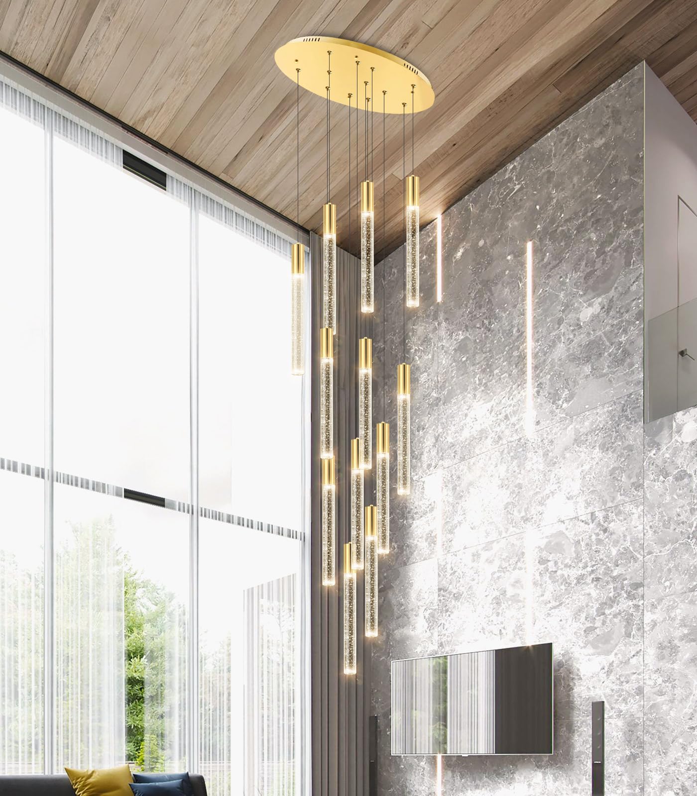 HAIXIANG 118" High Ceiling Chandelier, 12-Light Gold Crystal Pendant, Remote Dimmable, Stainless Steel, Model MMQ3810, 4800 Lumens