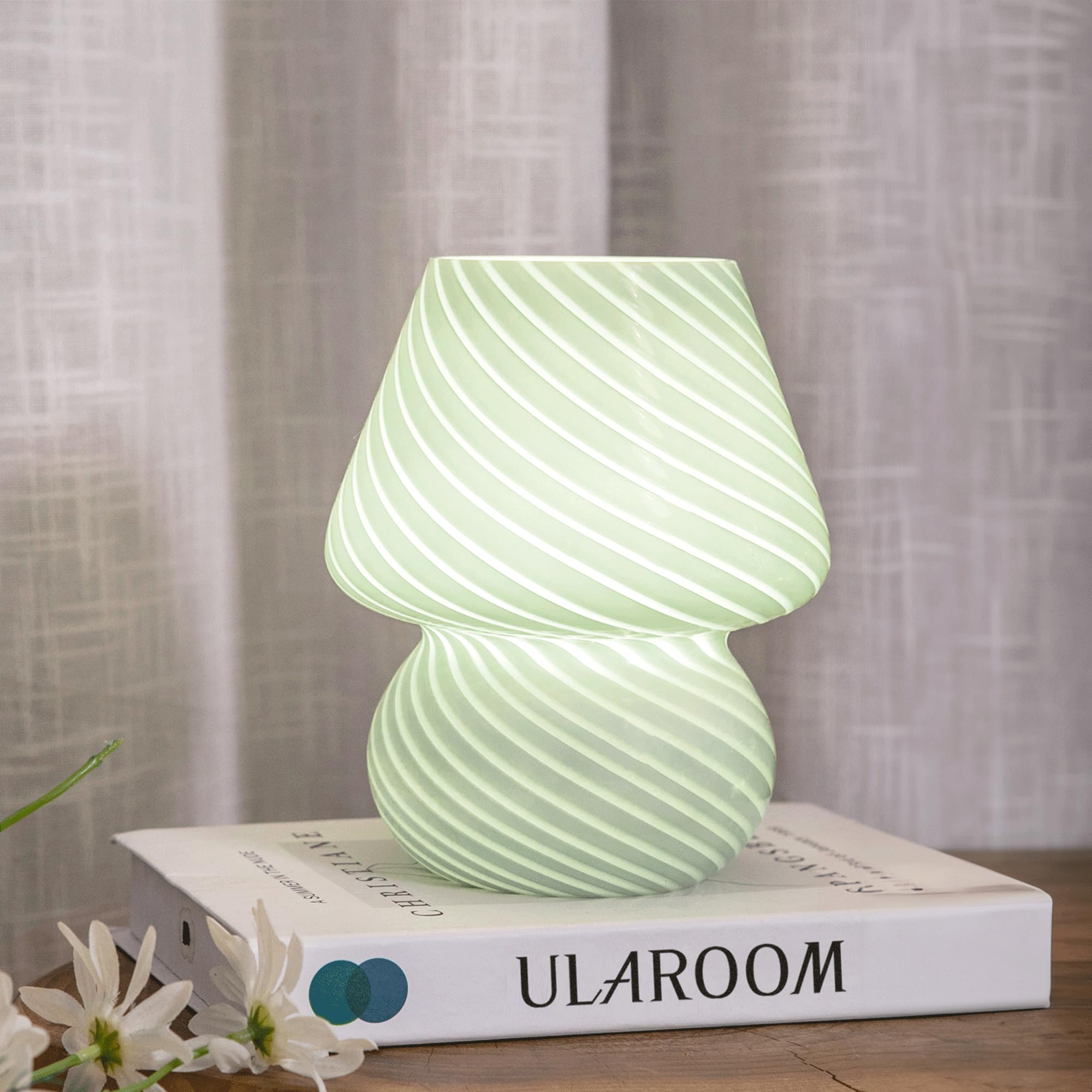 ULAROOM Mushroom Lamp, USB Plug-in, 3 Temperature LED Bulb, Glass, Stripe Green, Model JYTD23, Ideal for Bedroom/Living Room Decor