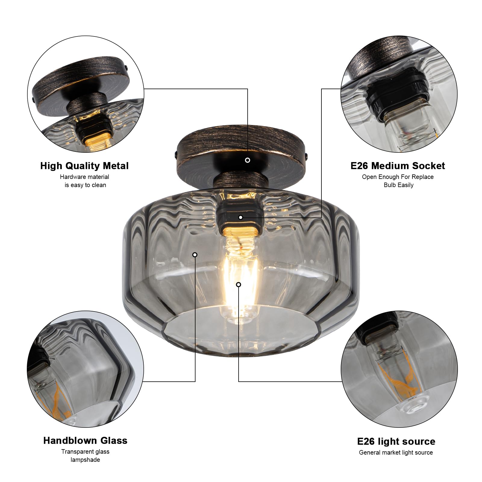 Tbaoinla Smoked Glass Flush Mount Ceiling Light With 1200Lm Led - Black Champagne Gold 8.66 Damp Rated Fixture For Bathroom Kitchen Hallway Modern Lighting