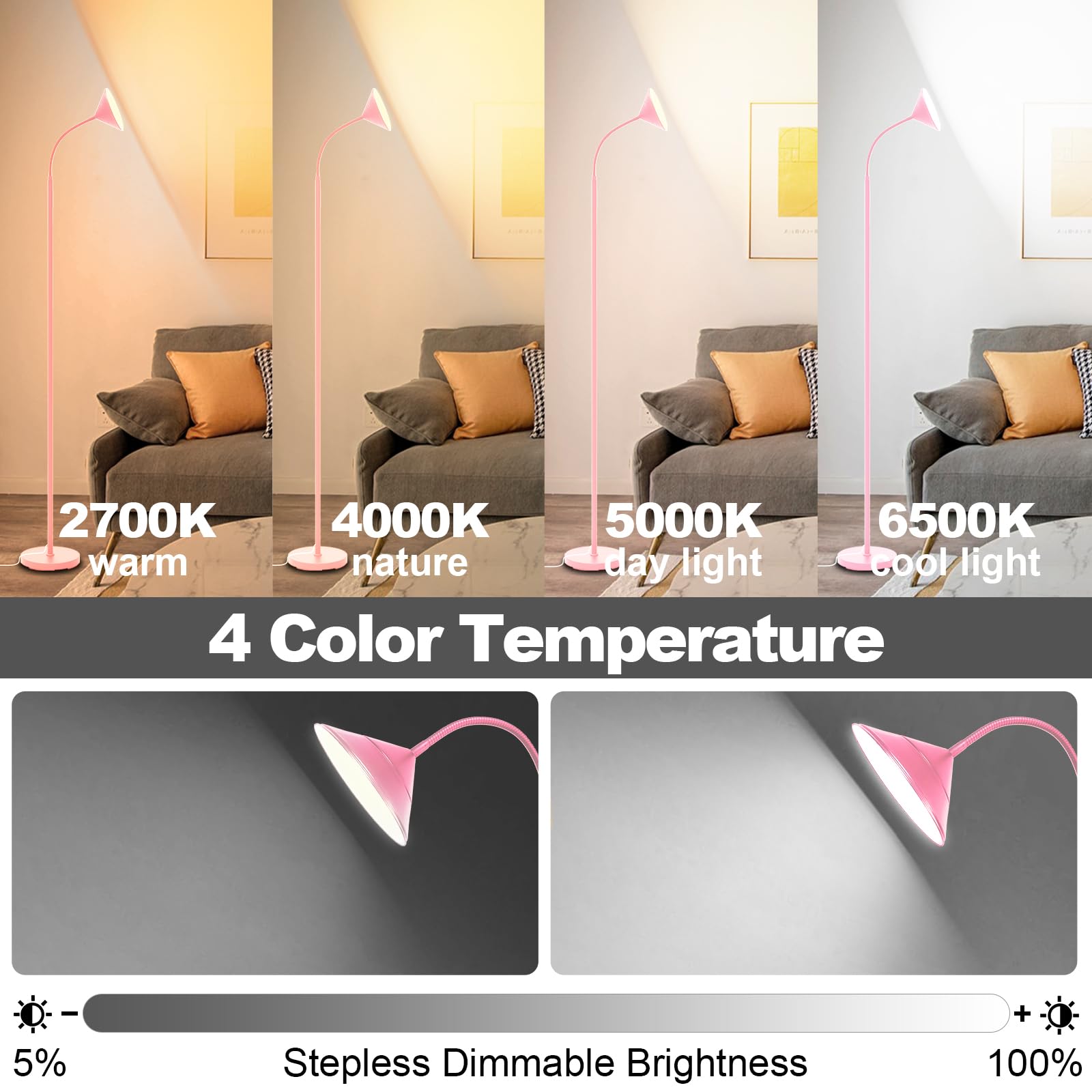 Floor Lamp, 18W Upgraded Bright Led Floor Lamps For Living Room Bedroom With Gooseneck Stepless Dimming & Color 76Inch Tall Stan
