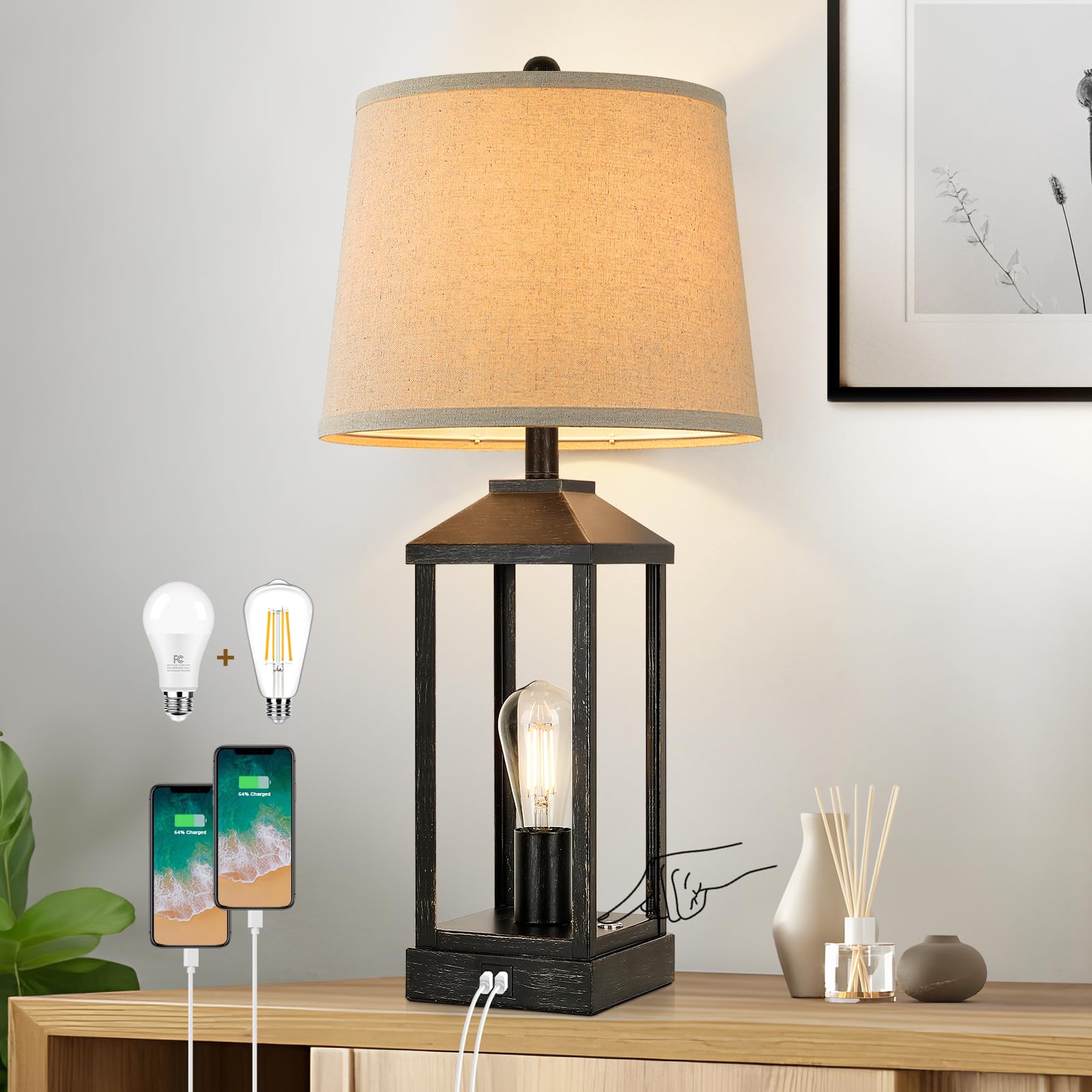 Black Bedside Table Lamp for Living Room, 3-Way Dimmable Touch Control Modern Nightstand Lamp with 2 Light, 28'' Rustic Farmhous