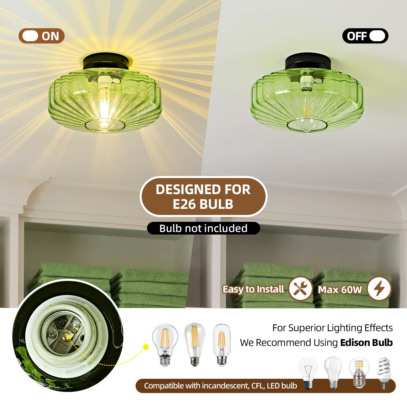 Mazu House Glass Semi Flush Ceiling Light - Vintage Mid Century - 12 in Green Drum Fixture - Model DDXD09-LS-30cm