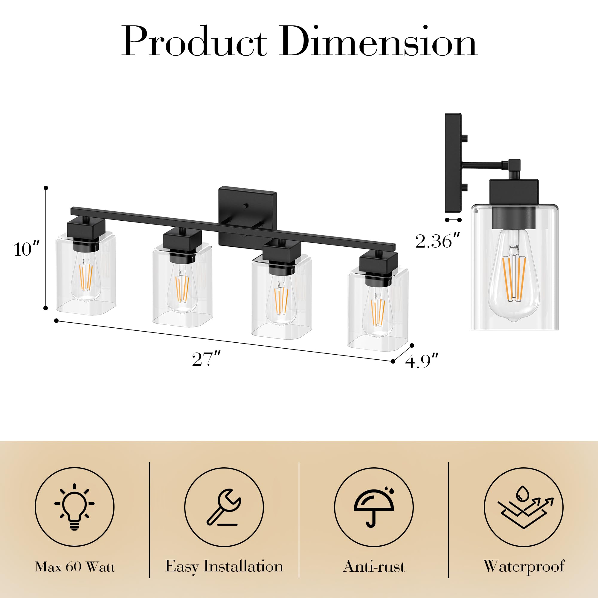Espird 4 Light Bathroom Vanity Light - Matte Black Bathroom Light Fixtures Square Design & Ul Certification, Square Light Fixtur