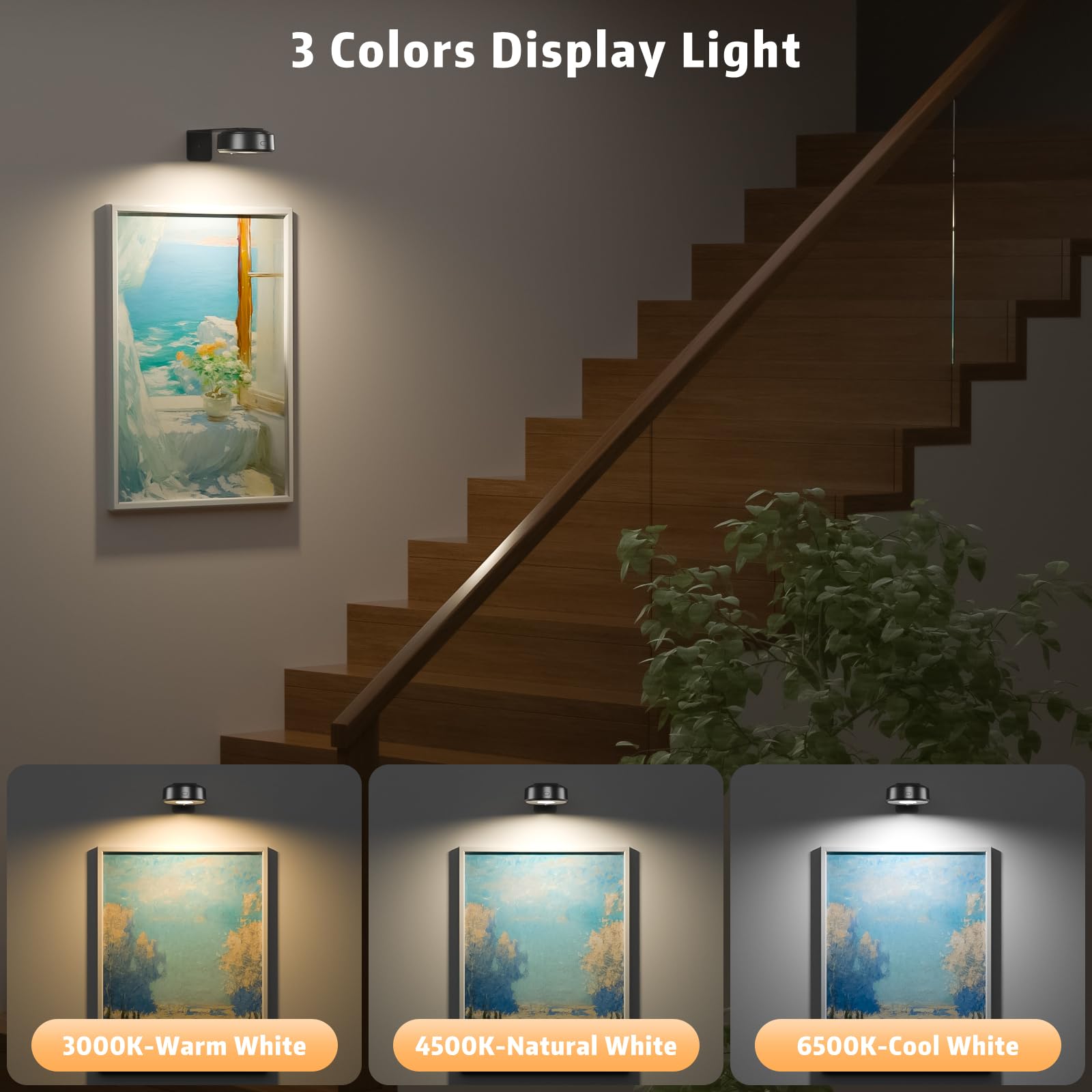 Lightbiz 3PCS Picture Lights, Wireless Rechargeable Battery, Dimmable, Timer, Aluminum, Black, H200-Black-3pcsBlack