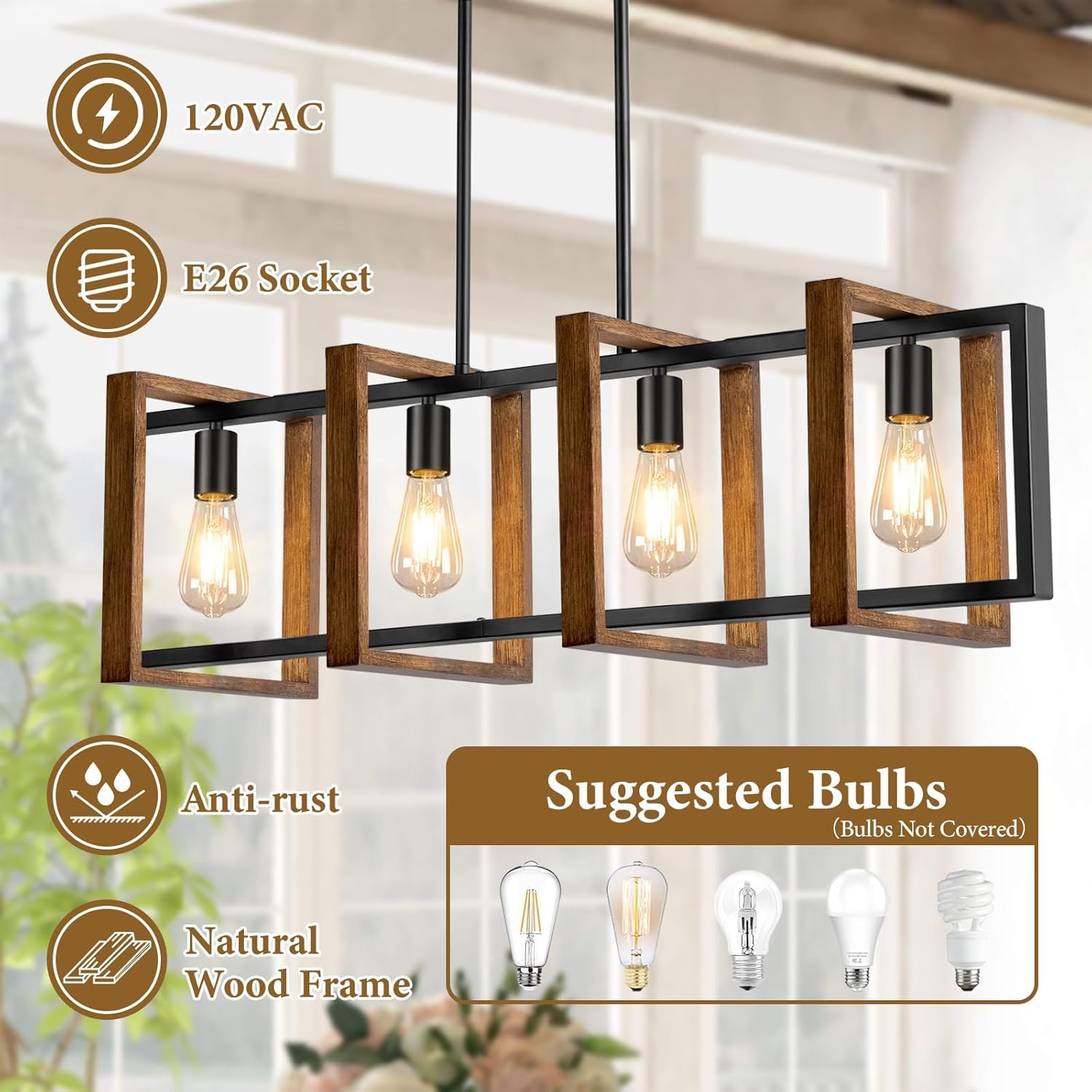 4 Lights Dining Room Light Fixture, Farmhouse Kitchen Island Lighting Wood And Black Metal Rectangular Hanging Chandelier For Ce