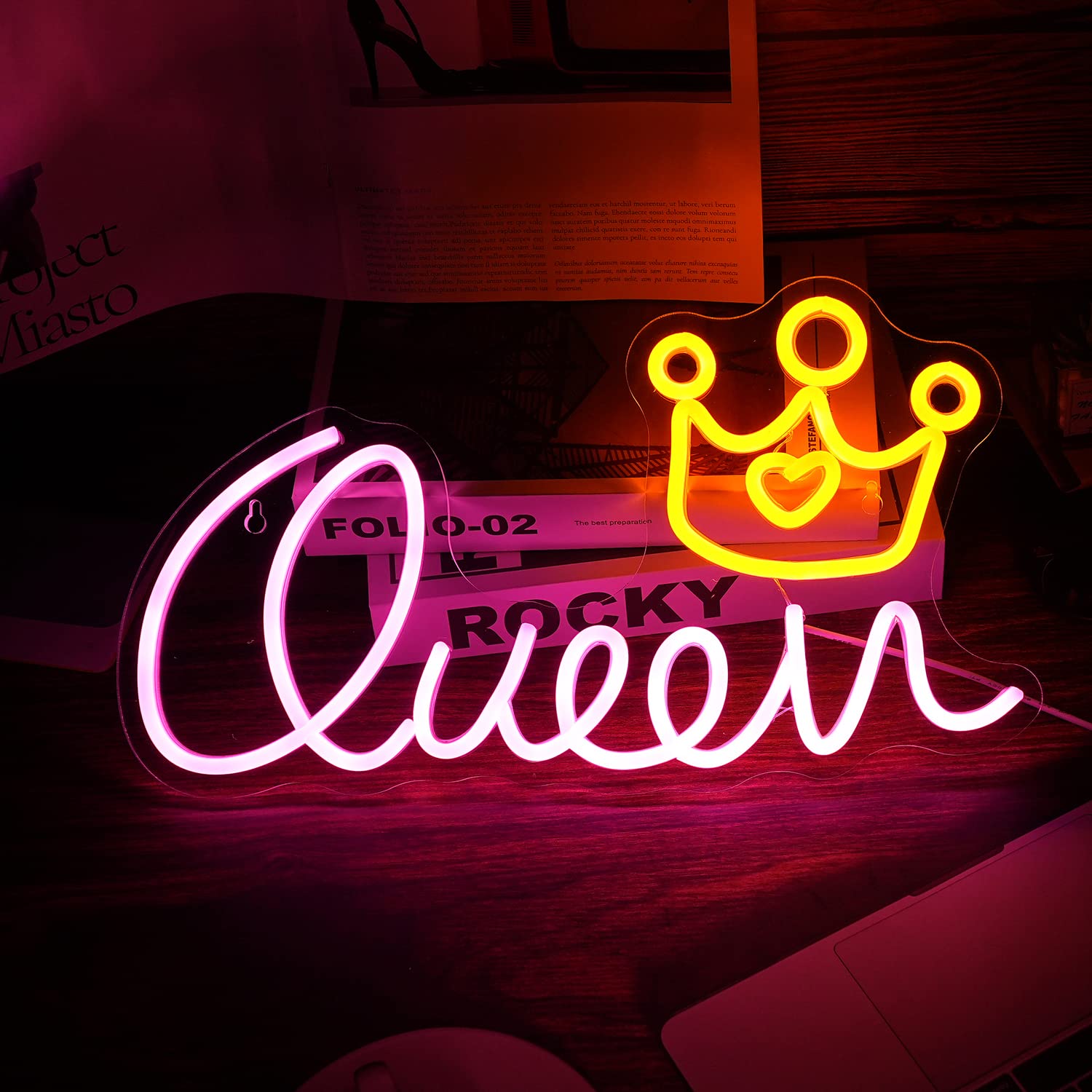 LISIGNVE Queen Neon Sign LED Light Dimmable USB Powered 16.5inx9.3in Pink Yellow Wall Decor for Kids Room Birthday Party