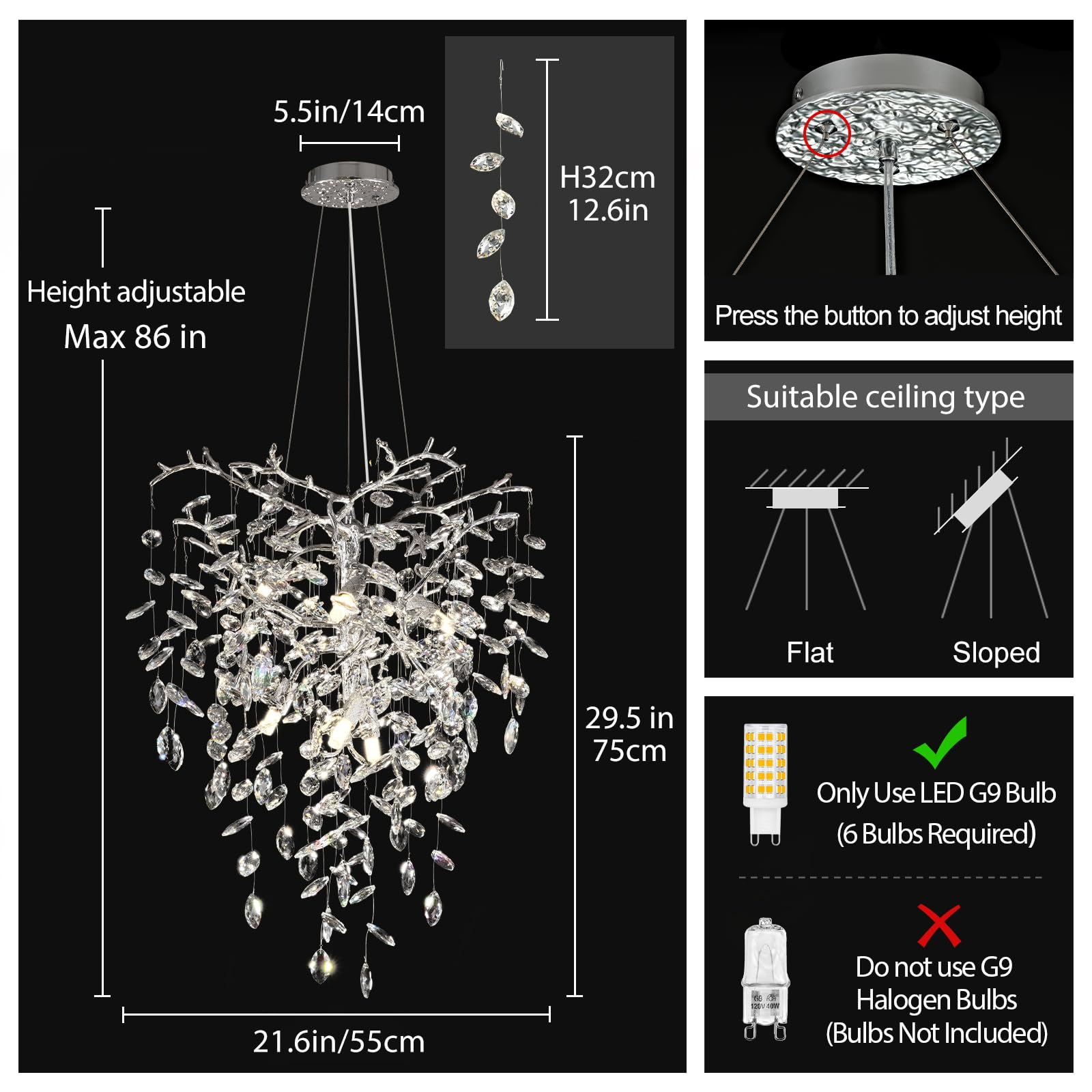 kvtinmty Silver Crystal Chandelier, 21 Inch, 6 Lights, Modern Round K9 for Dining Room, Bedroom, Living Room, Foyer, Kitchen Island