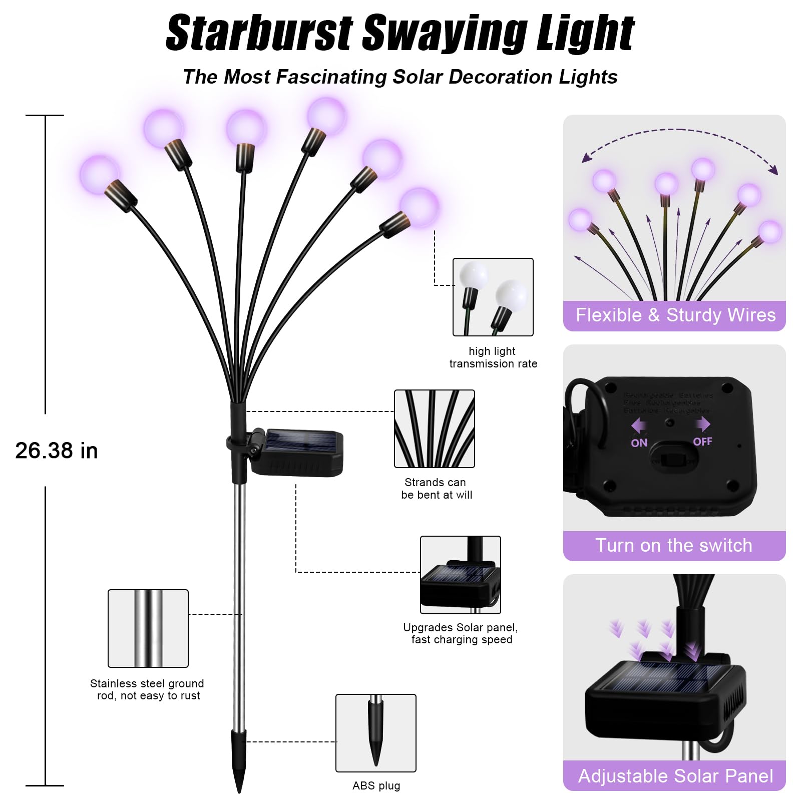 NBQQ Solar Garden Lights, Waterproof Outdoor Swaying Decor, 4 Pack, Purple, Plastic