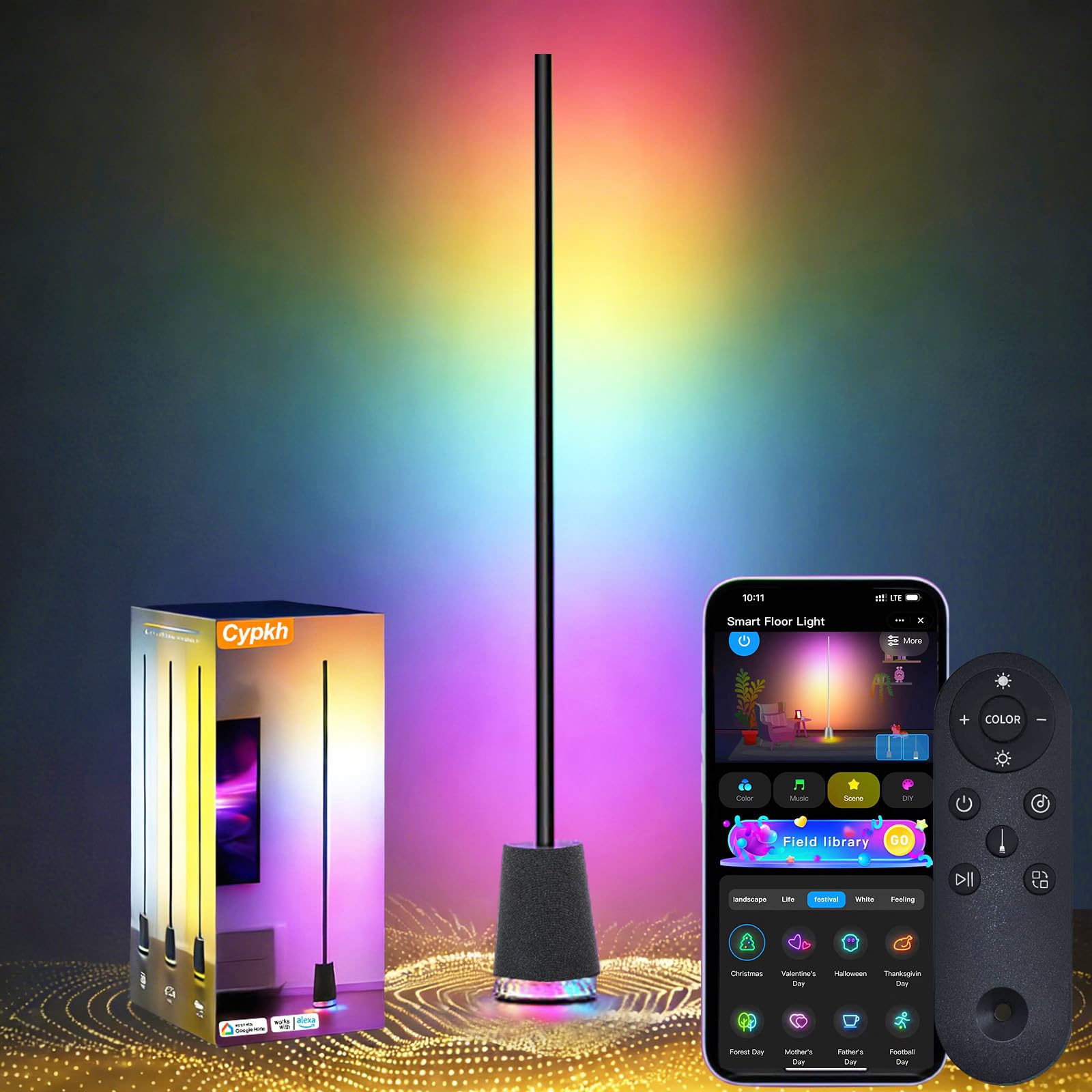 Cypkh 65in Smart Floor Lamp with 36w Bluetooth Speaker RGB 16 Million Colors LED & Music Sync Control Corner Light for Living Ro