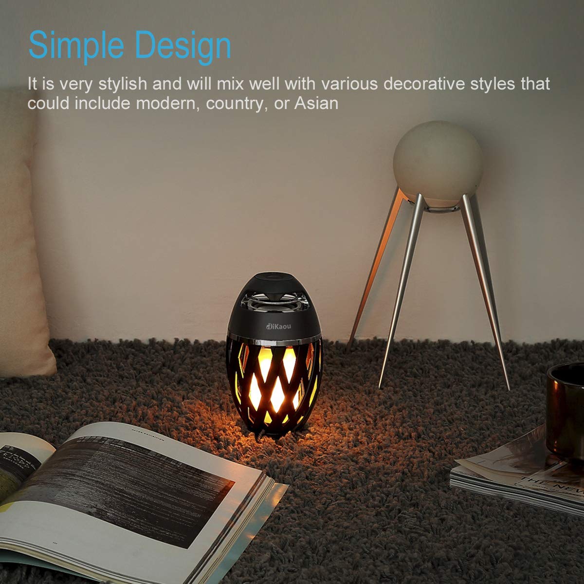 DiKaou LED Flame Outdoor Table Lamp with Bluetooth Speaker, Rechargeable Black Lantern for Patio, Porch, Home Decor