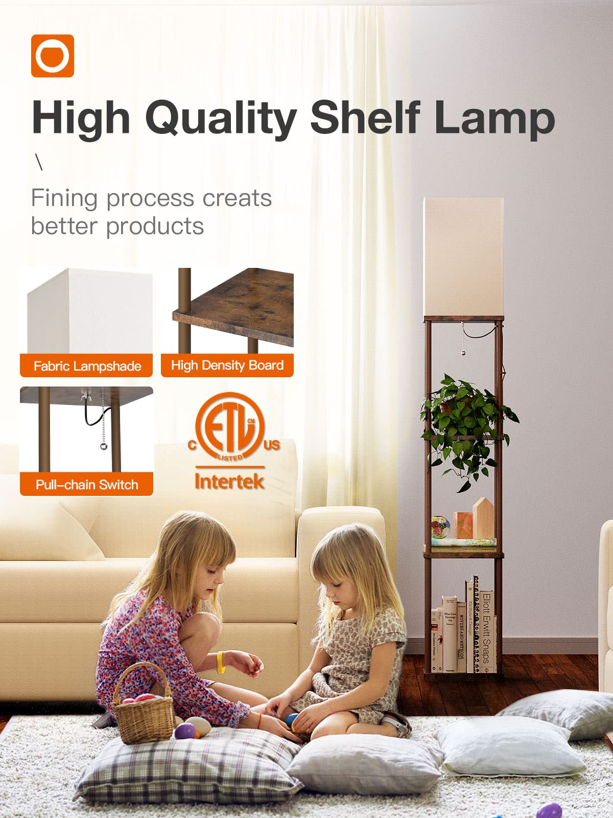 addlon LED Modern Shelf Floor Lamp with White Shade, 64Inch, Vintage, 4 Tier, Wood, Model 052