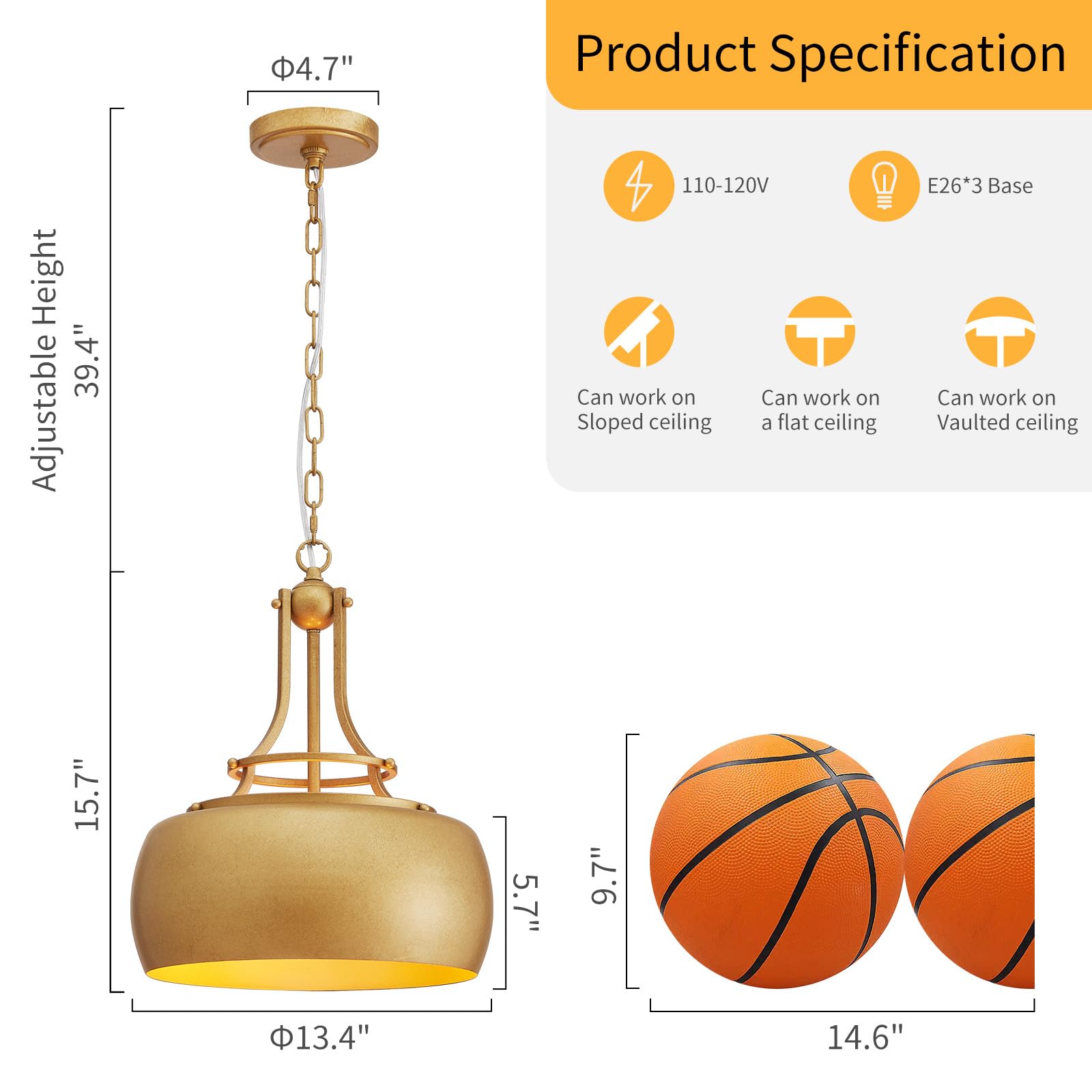 WUZUPS Antique Gold Round Pendant Light Fixture, 15.7" H x 13.4" W, Rustic Industrial Design, Metal Chandelier, Model USHD9607-3-M-A