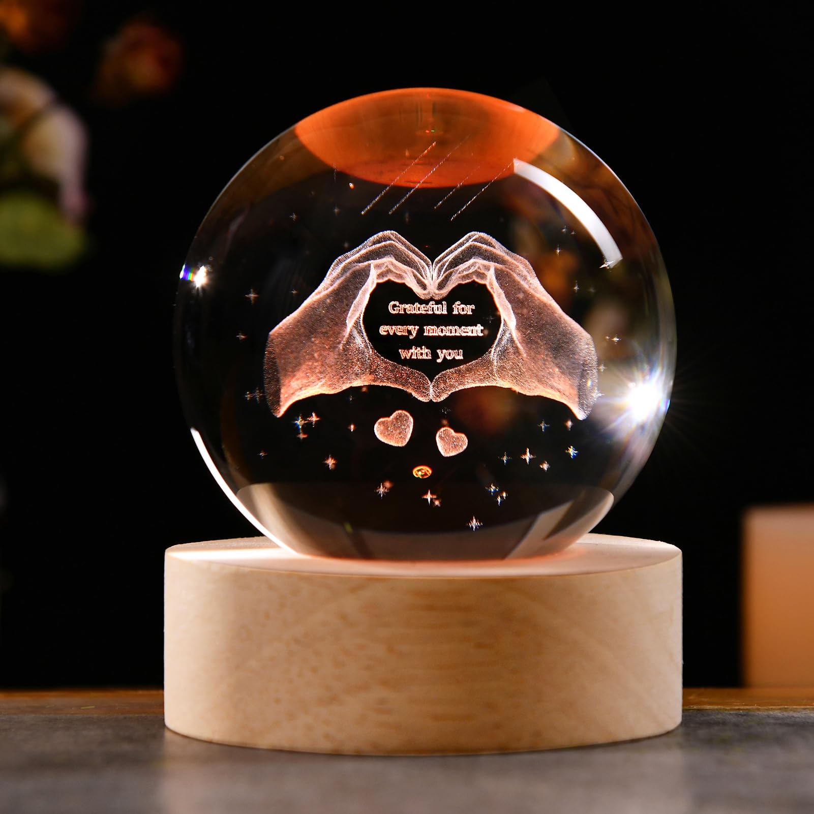 IFOLAINA Gifts for Wife Mom Grateful Gifts for Women Men 2.36'' Crystal Ball Night Light Engraved Heart Hands Sphere Decor Roman