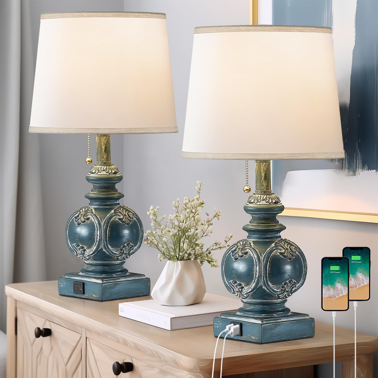 Fullarge 20.75in Farmhouse Table Lamps Set of 2, Rustic Bedside Lamps with 2 USB Ports, Antique Nightstand Lamp, Washed Blue