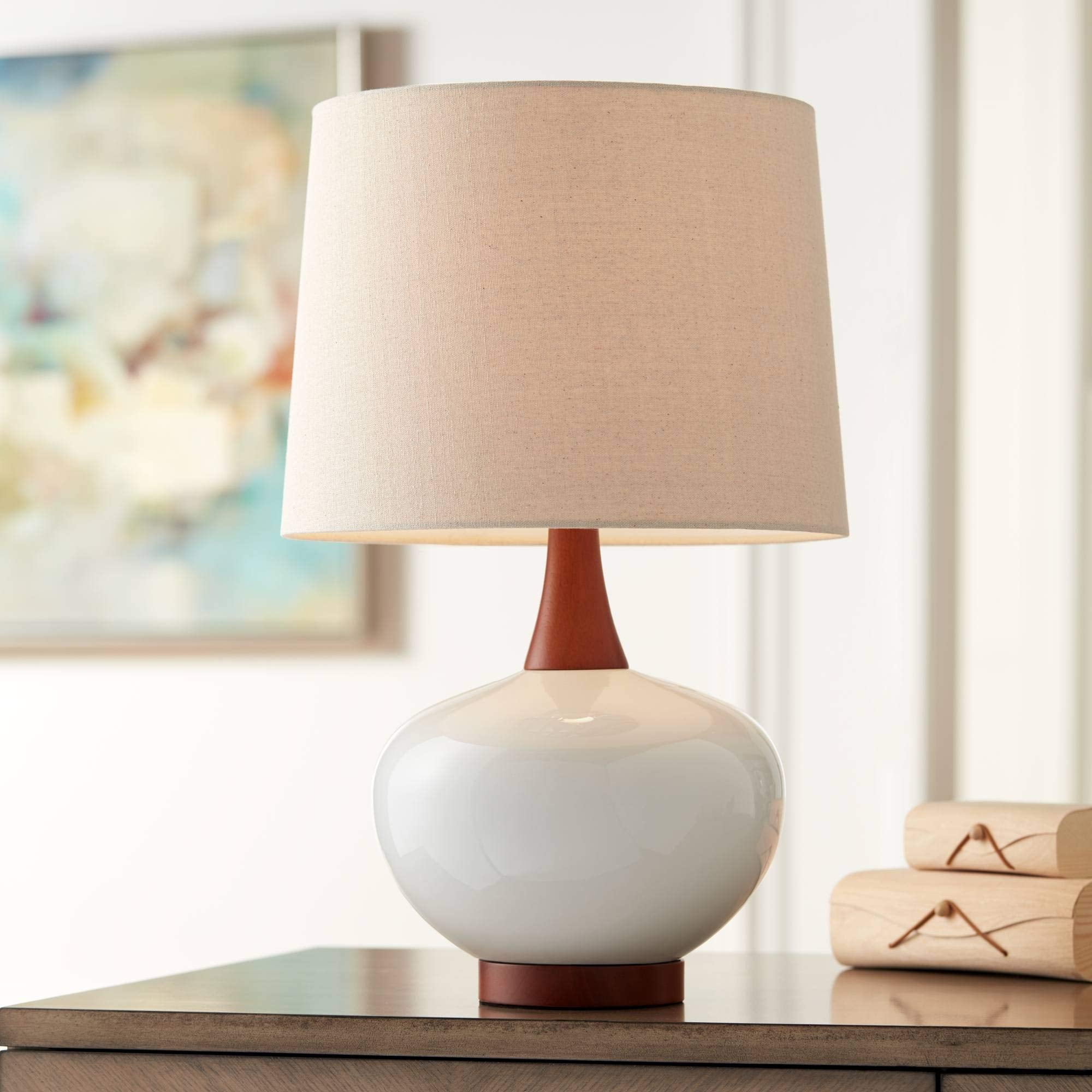 360 Lighting Brice Mid Century Modern Accent Table Lamp 23'' High Ivory Ceramic Wood Neck Off White Tapered Drum Shade for Bedro