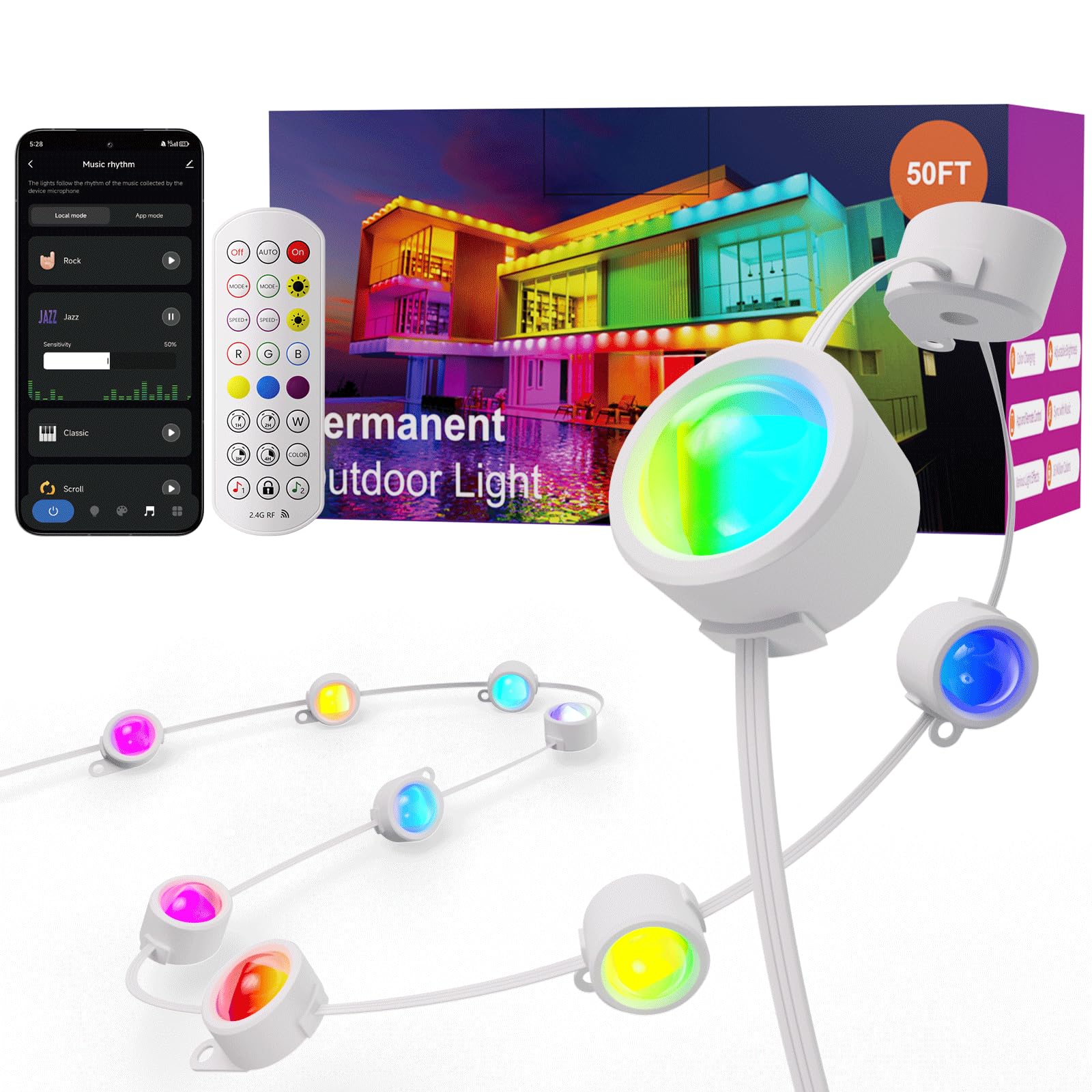 Fitop RGB Smart Eaves Light, 50FT IP67 Waterproof LED Strip, Music Sync, App/Remote Control, Multicolor, Model C5109