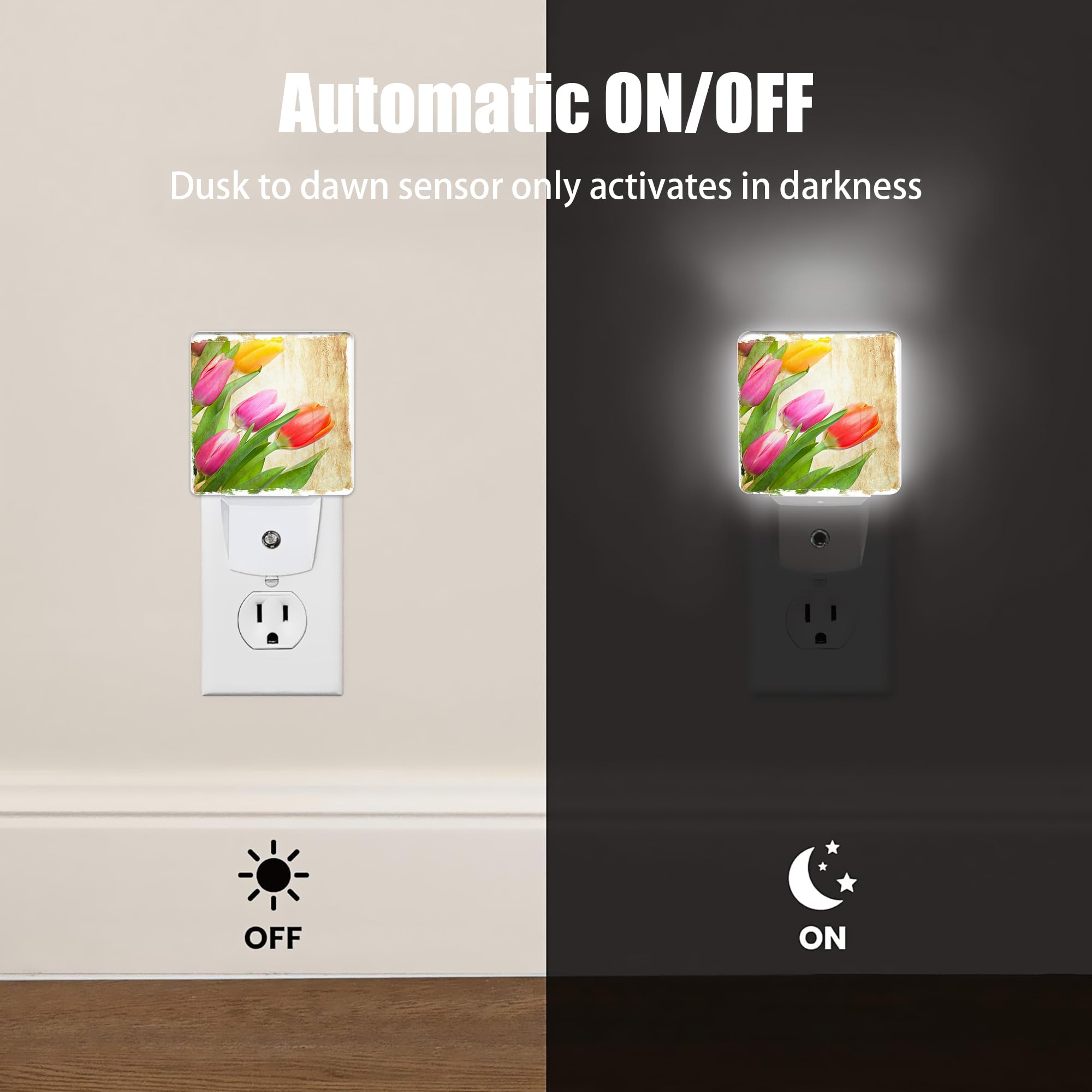 Jopowide Vintage Tulips Night Light Plug In Wall Lamp Smart Dusk To Dawn Sensor For Home Decorative  Kids Room Bedroom Bathroom Kitchen Hallway Gifts