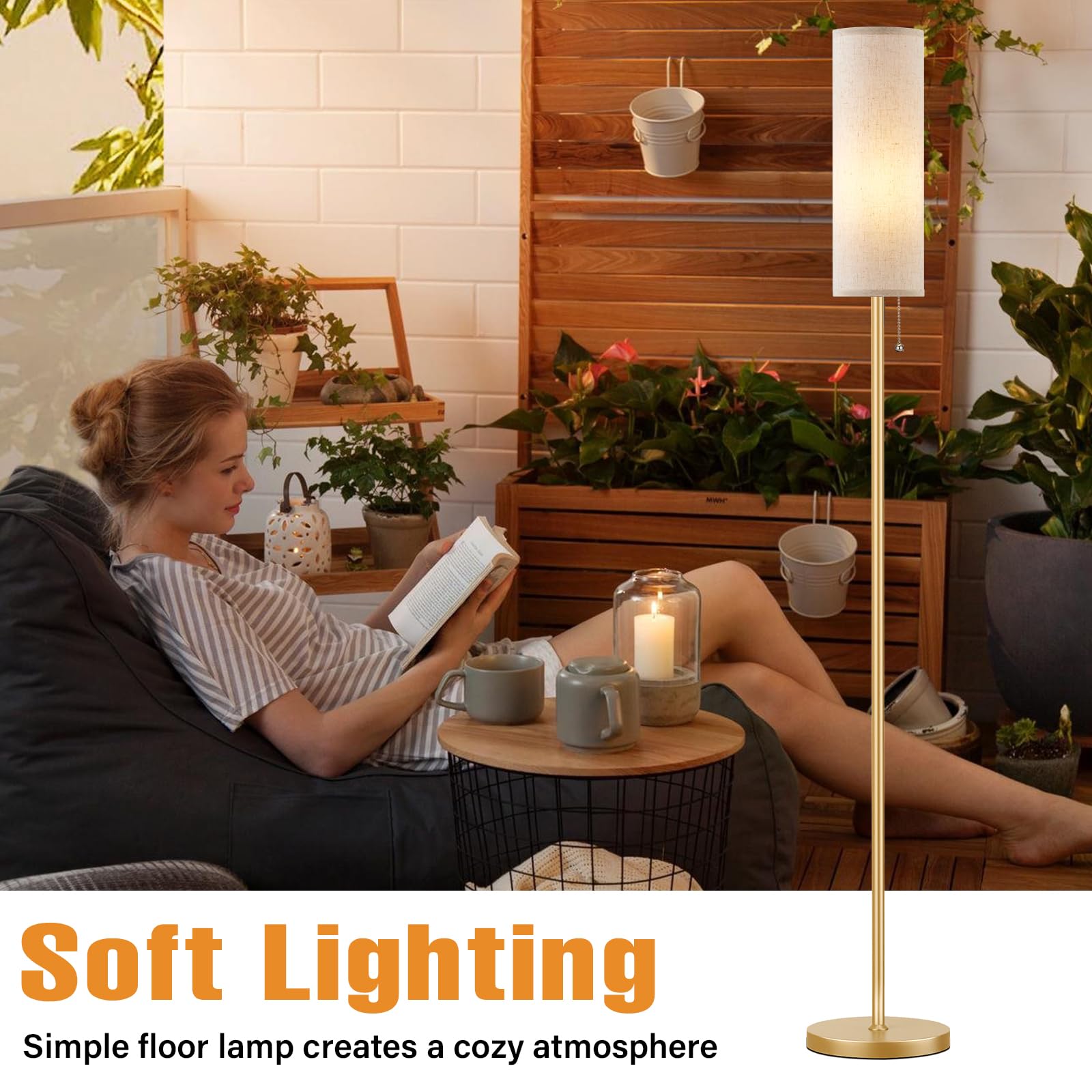 Ambimall Floor Lamp for Living Room with 3 Color Temperatures Bulb, 64 Standing lamp with Linen lampshade for Bedroom, Minimalis
