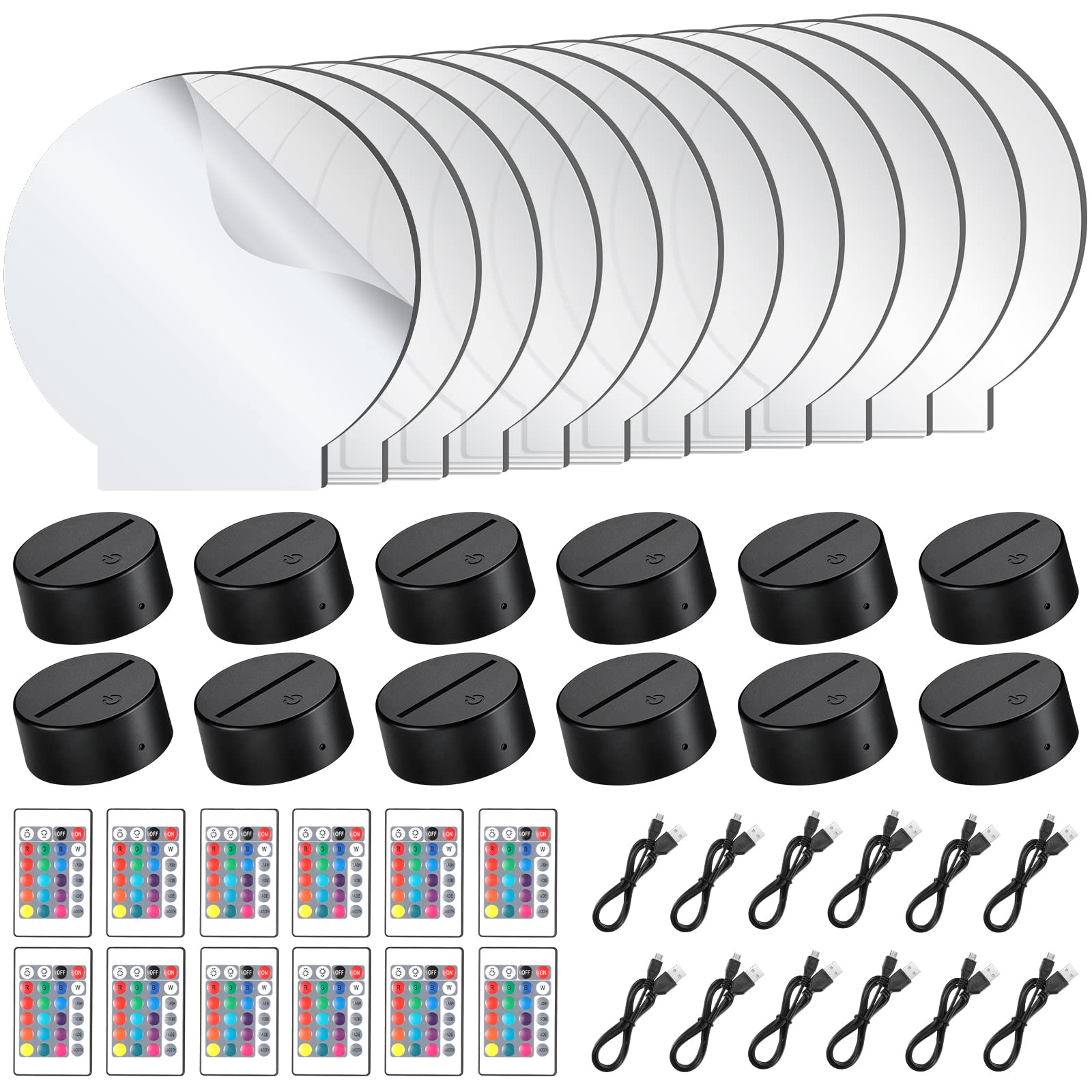 Riakrum Acrylic Lamp Base Set with 12 Clear Acrylic Sheets, 3D LED Light Base, Remote Control, USB Cable, Round, Black