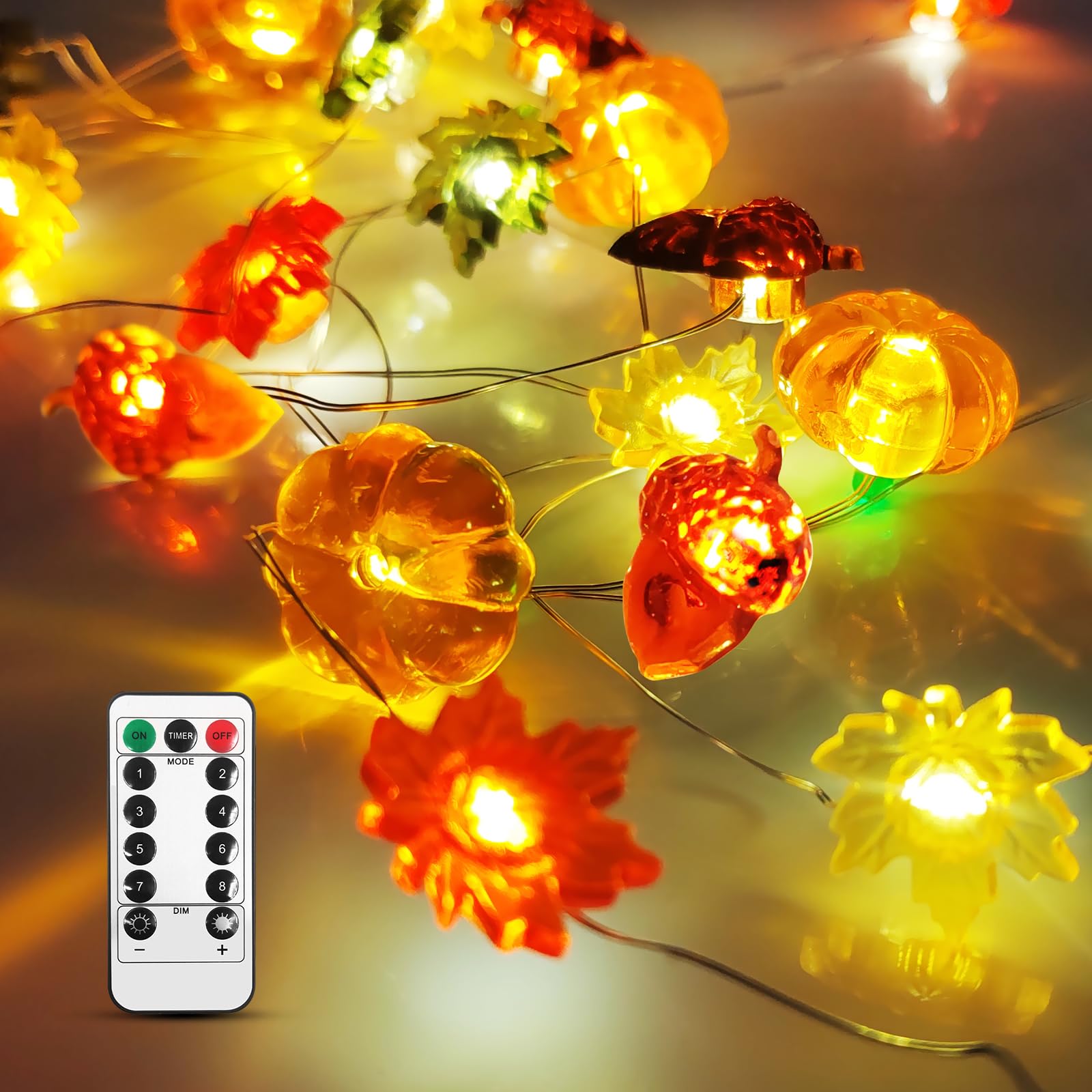 Thanksgiving Fall Lights Decoration 10Ft 30 Led 3D Pumpkin Maple Leaf Acorn Battery/Usb Operated With Remote Fall Halloween Lights Pumpkin Decor Fall Garland Lights Indoor Outdoor Thanksgiving Decor