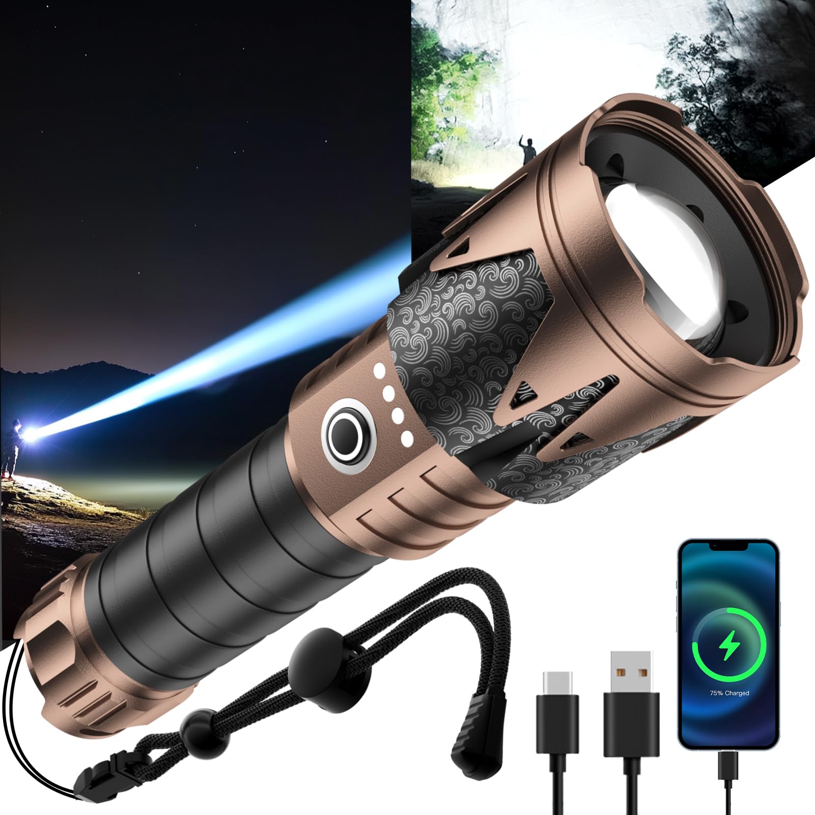 SKYFIRE LED Flashlight 5000mAh Rechargeable Tactical, 6 Modes, Waterproof, Black and Gold, Model 2000J