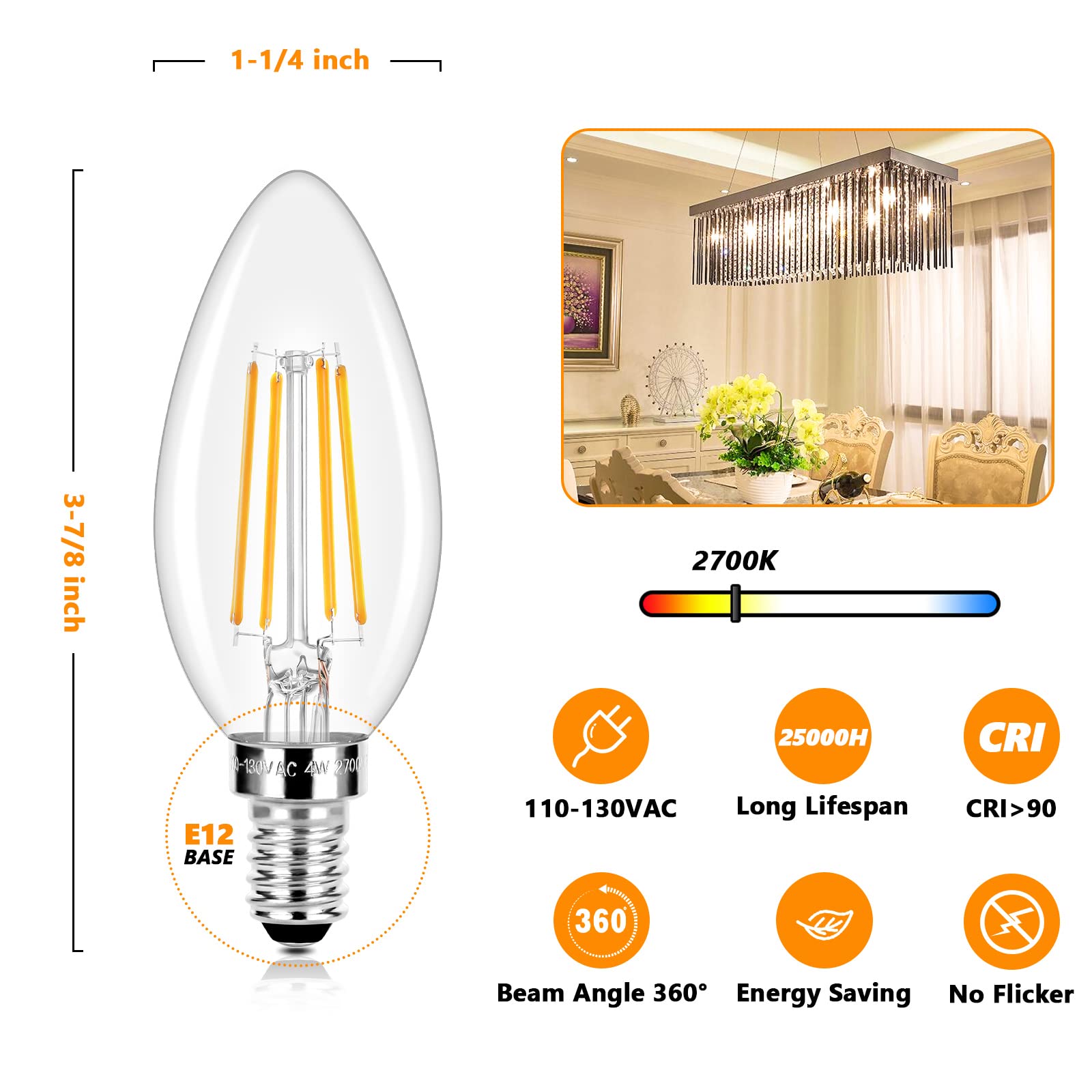 E12 Led Candelabra Bulbs 40 Watt Equivalent, 4W Vintage Candle Light Bulbs, 470Lm Warm White 2700K Edison Bulbs For Ceiling Fan,