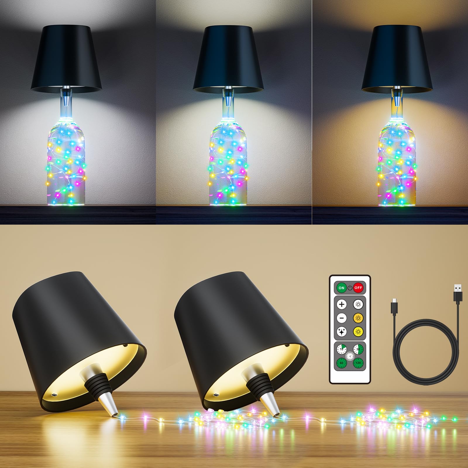 Wireless Bottle Lamp,Wine Bottle Lights With Remote,2000Mah Touch Table Lamp Shades With Rgb String Lights And Timer,5-Level Bri