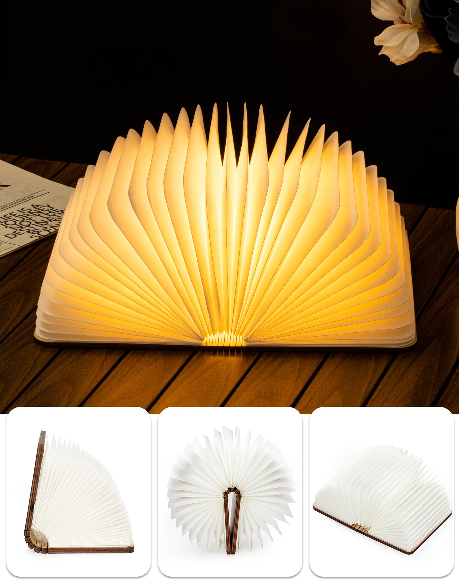 ZBOLE Wooden Book Lamp - 8.3 Inch LED Ambient Lighting, Walnut Color, Large Size, Ideal for Book Lovers & Teacher Appreciation Gifts
