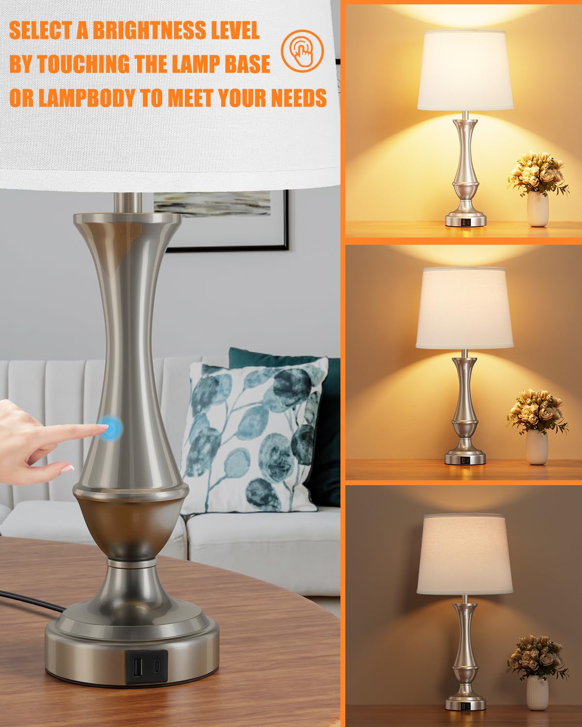 Seealle Touch Lamps Set of 2 - 3 Way Dimmable Bedside Lamps with USB C+A, White Shade & Nickel Base, Model 0407123