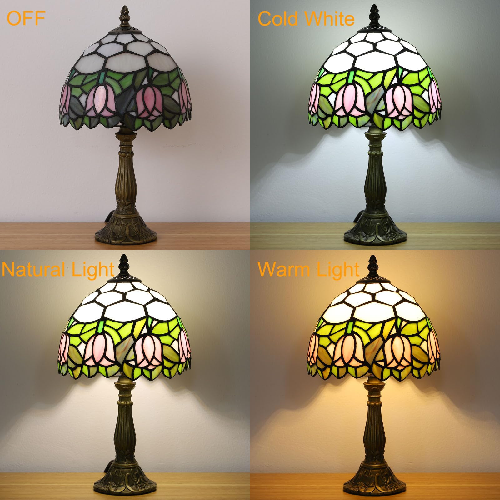 Tuomoxte Tiffany Style Table Lamp, Pink Tulip Stained Glass Lamp, 8 Inch Small Antique Lamp, For Bedside Nightstand Bedroom Livi