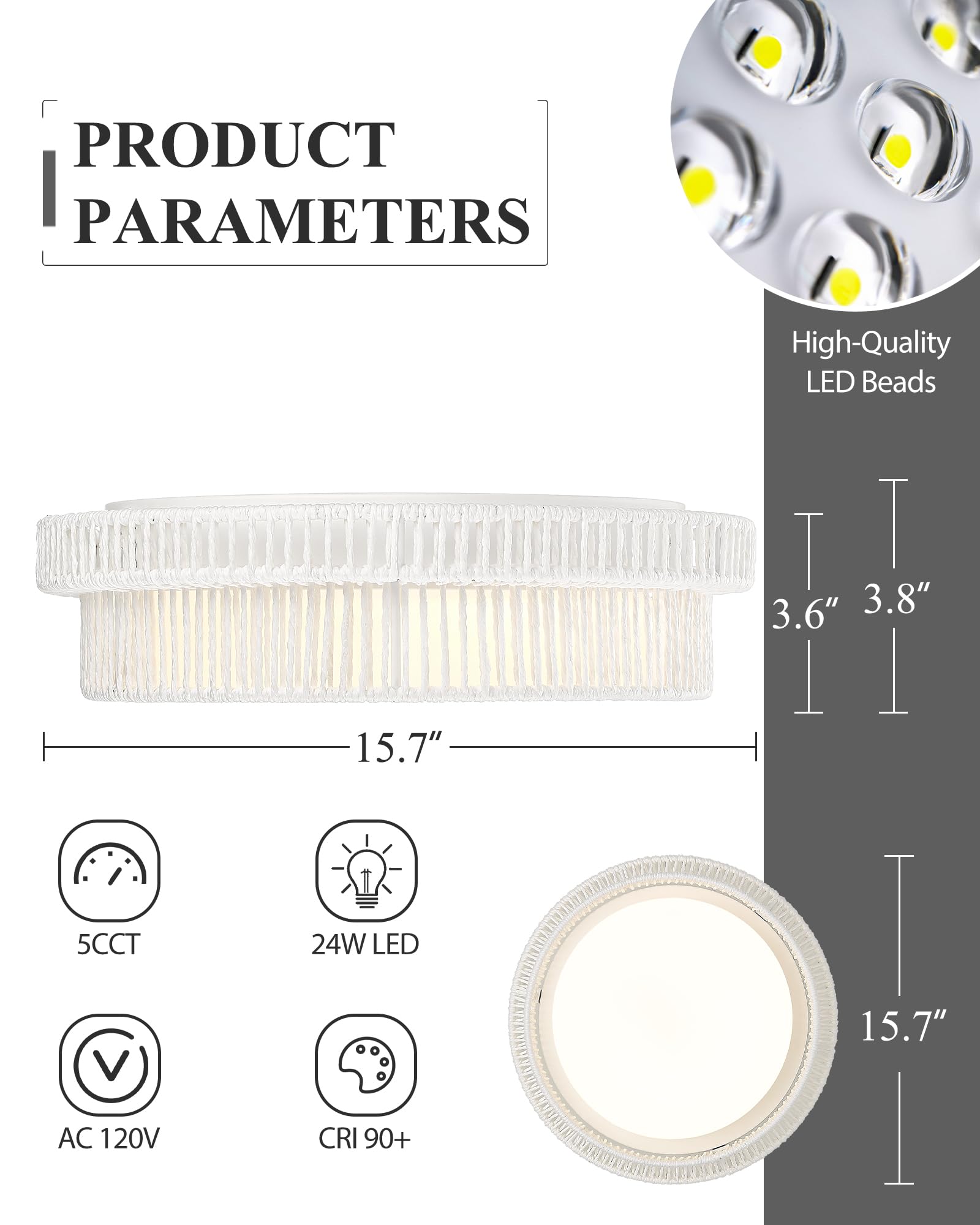 HWH Rattan Ceiling Light Fixture, 24W LED Flush Mount, Hand-Woven Twine, 16in  Size, White, Model 5HYS78MF-LED WH