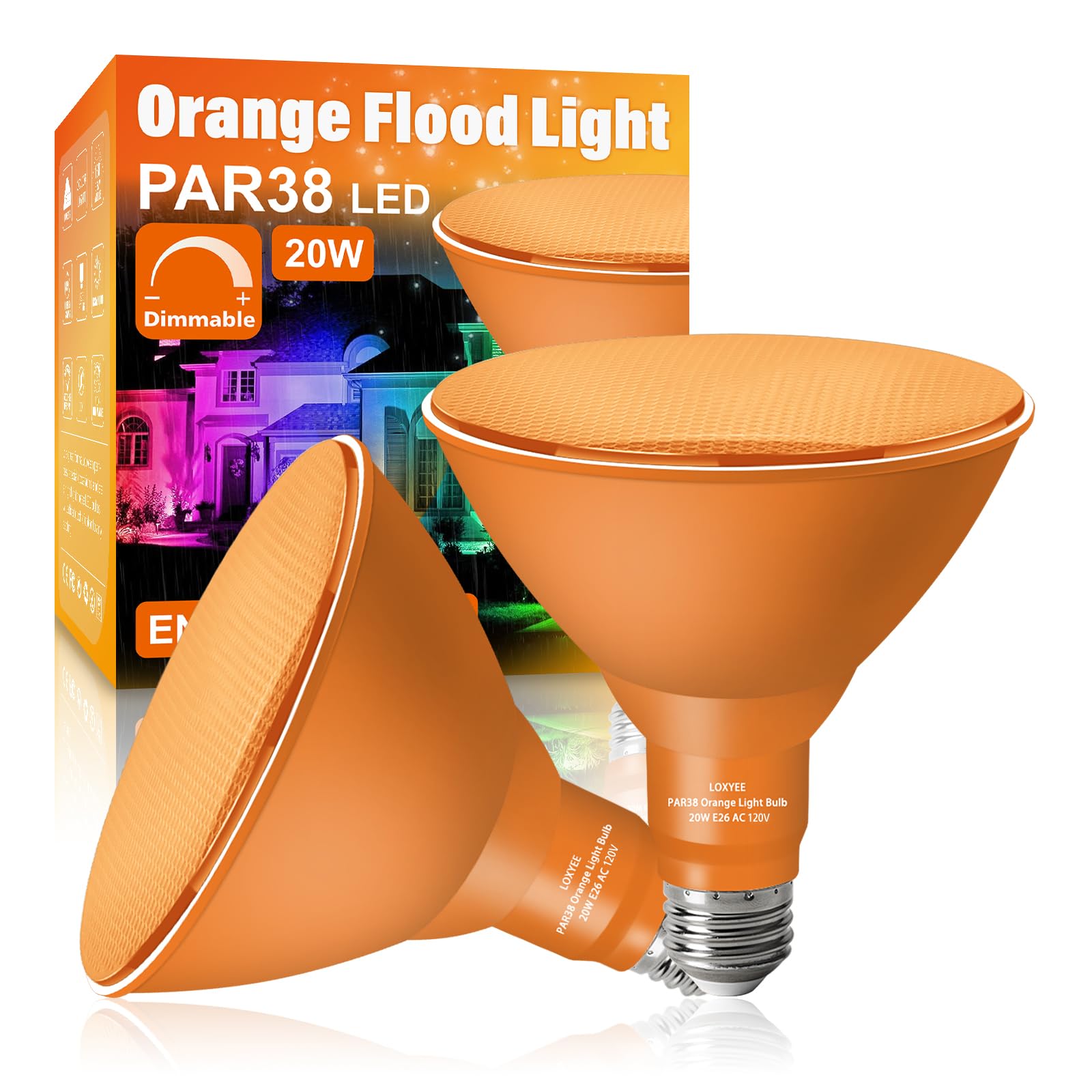 LOXYEE PAR38 Flood Orange Light Bulbs,2 Pack Dimmable,E26 Base Orange Flood Light Outoor(20W Replace to 200W),Halloween Light Bu