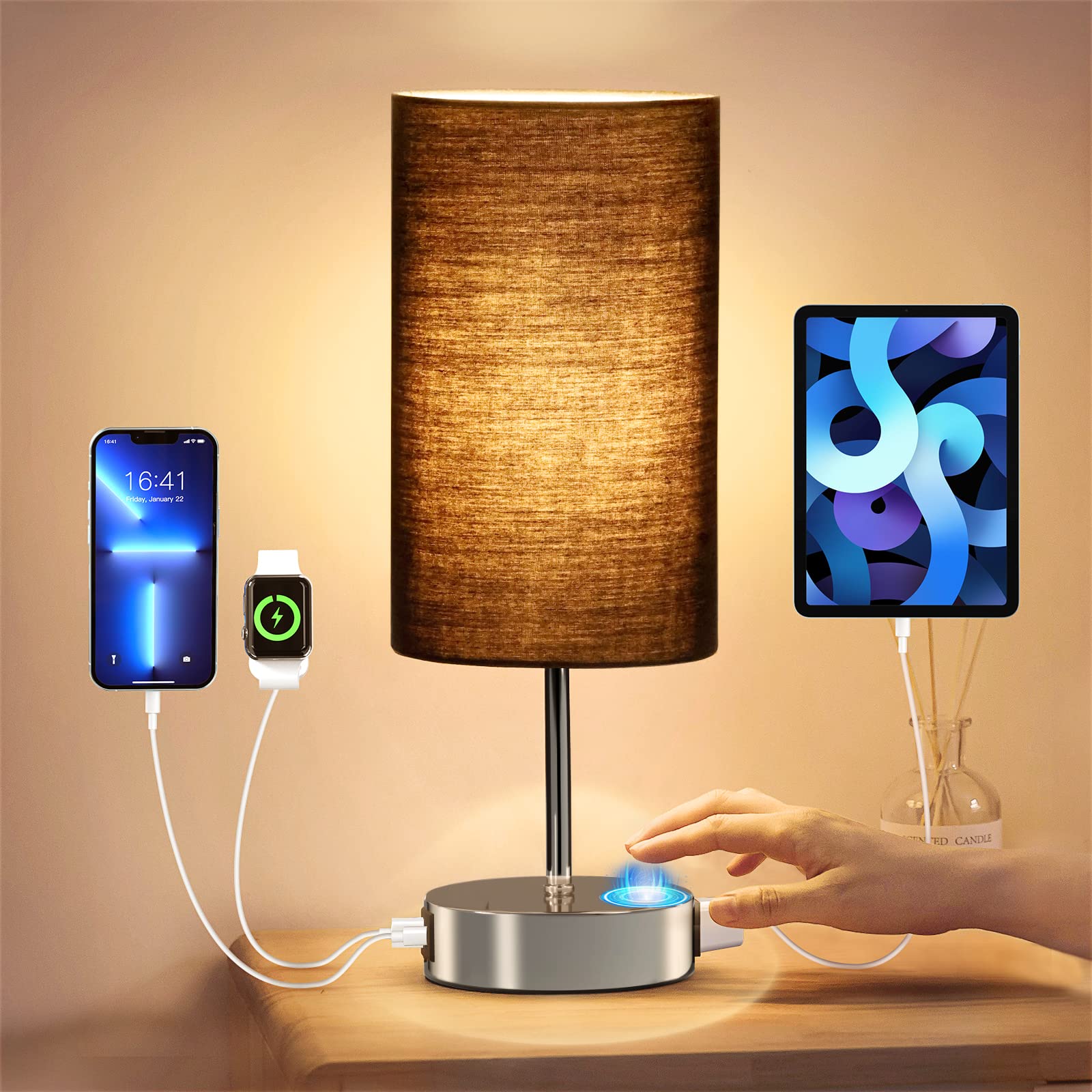 KPQ Bedside Lamp Touch Control with USB Ports & AC Outlet, 3-Way Dimmable, Linen Fabric Shade, Bright Silver/Black, Model T427