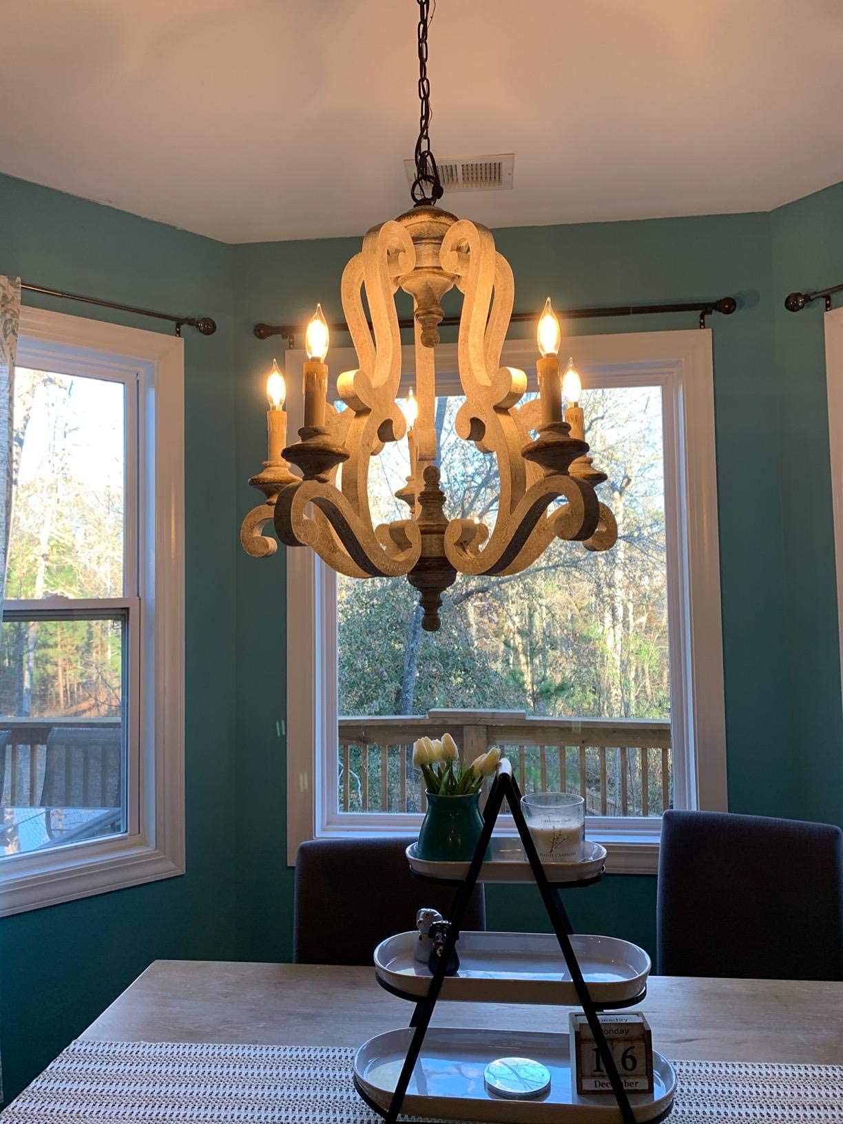 Chords Attic Farmhouse Distressed White Wooden Chandelier, 5 Candle Lights, Adjustable Chain, Model 4004