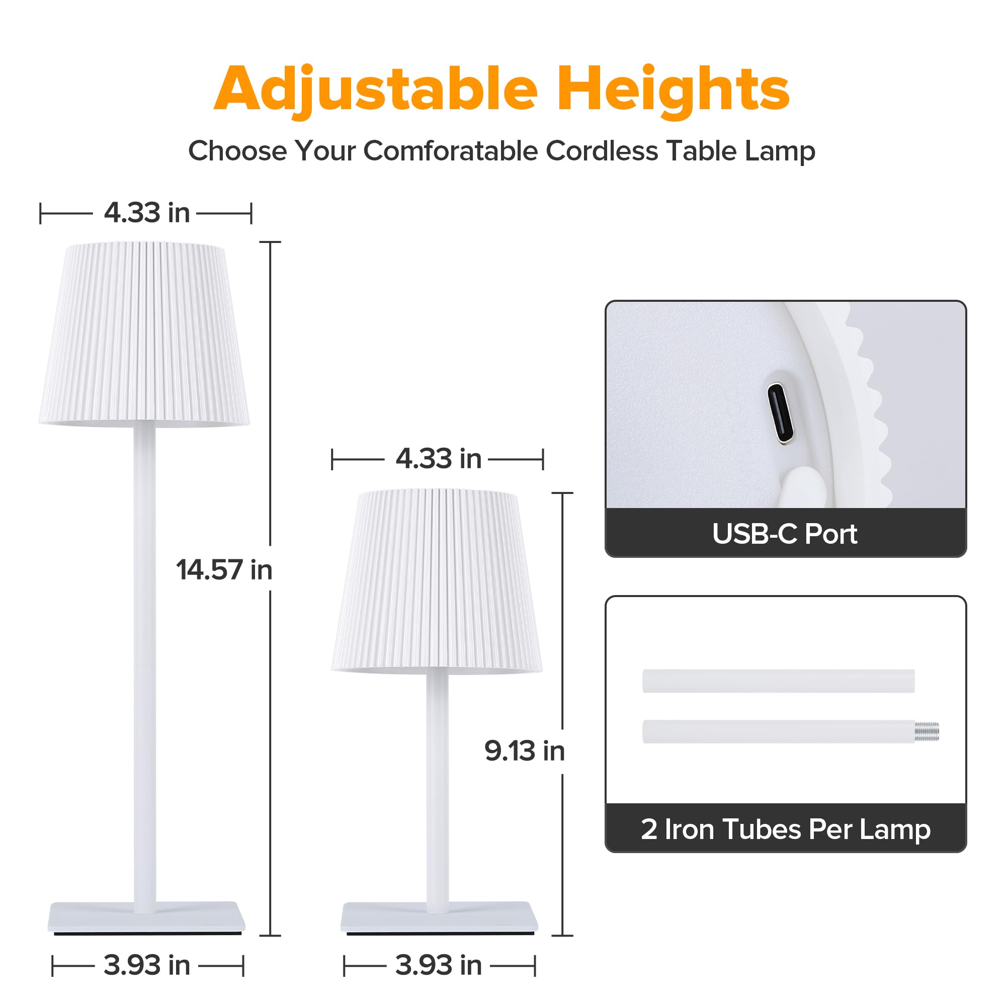 LUTEC Cordless Table Lamp 2 Pack, 6000mAh Rechargeable, Waterproof, Touch Control, 14.57" - White, Model 850330-2pcs