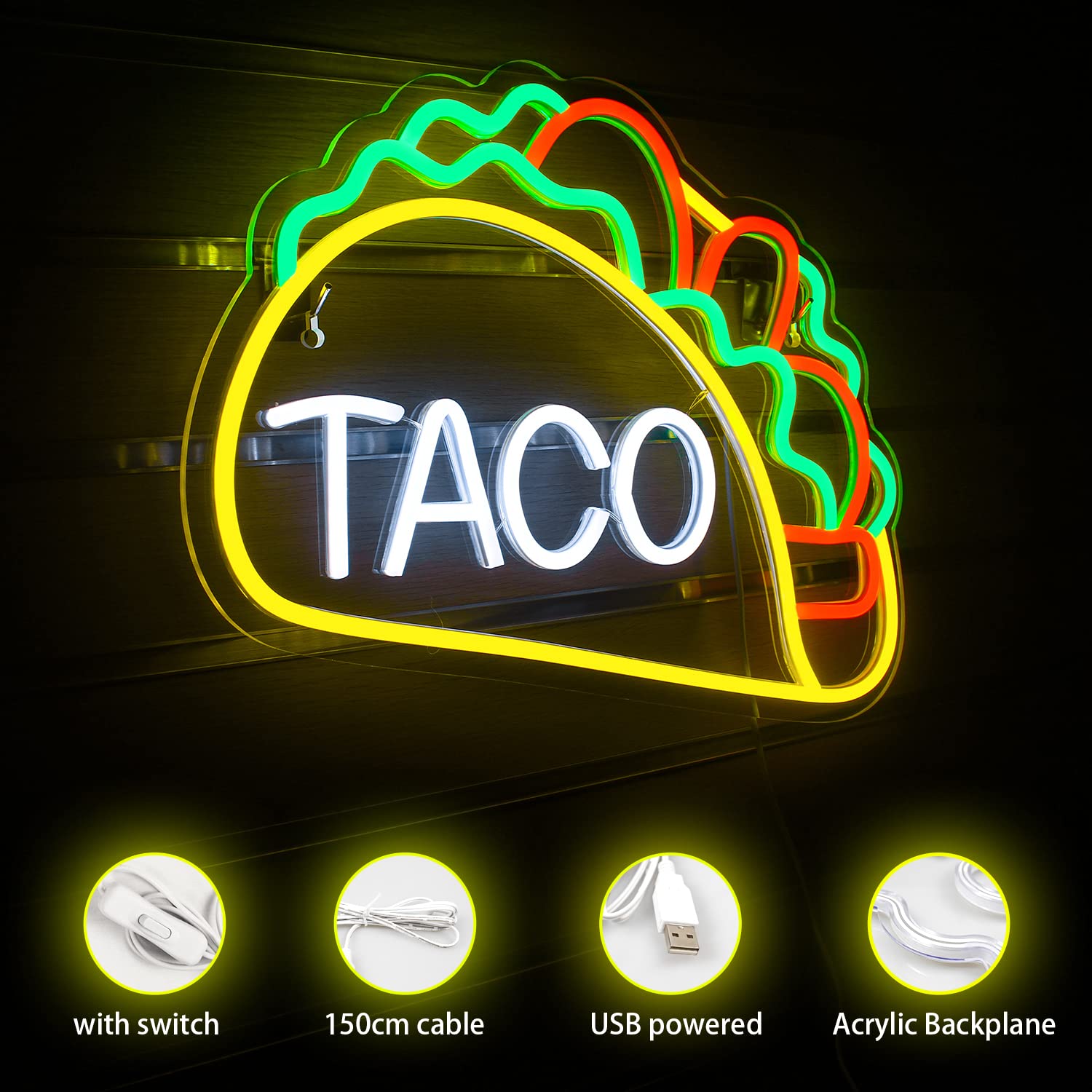 ineonlife Neon Sign Tacos Shaped LED Wall Decor for Kitchen Bar Party - Taco-Yellow Acrylic