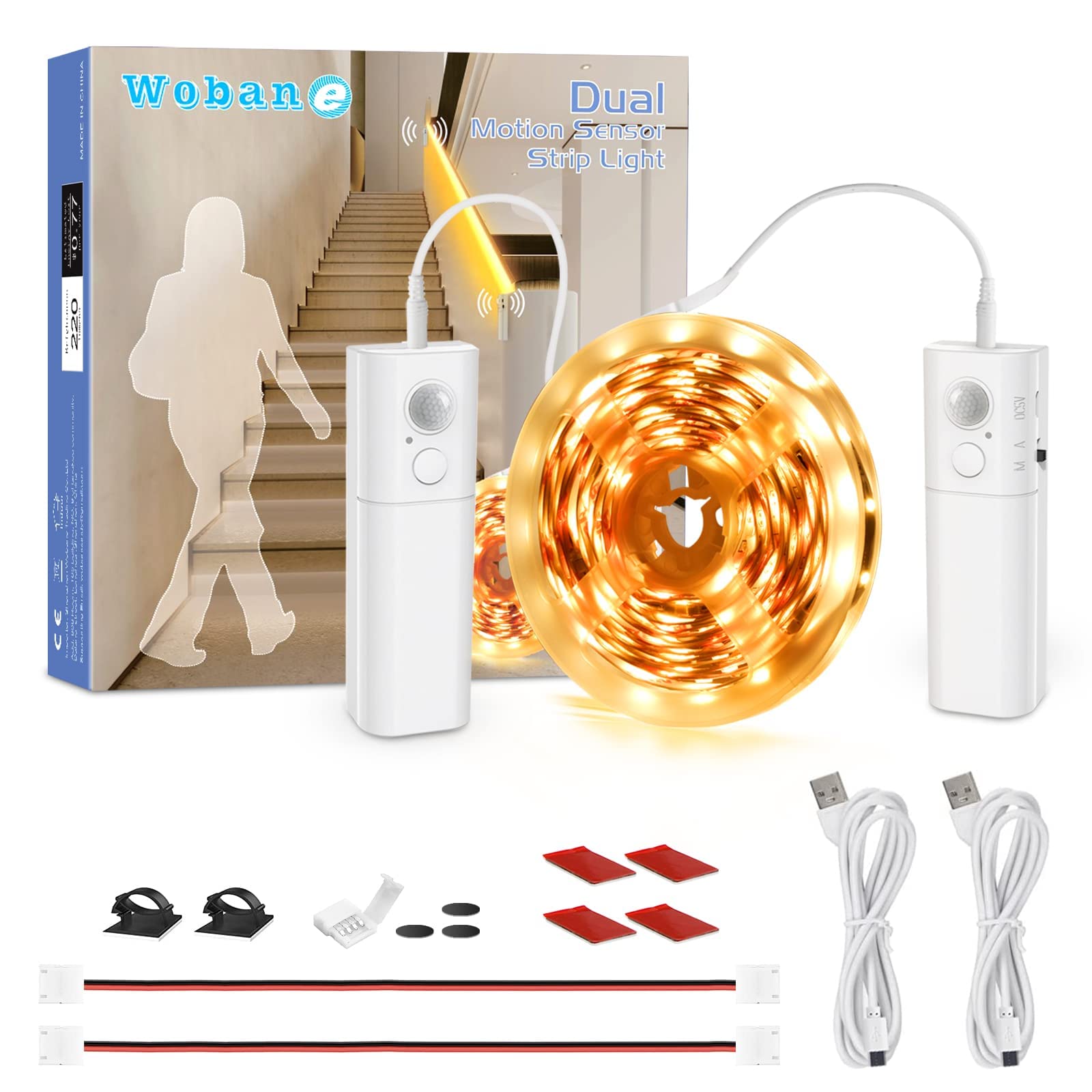 Wobane Dual Motion Sensor Under Bed Lights, 16.4Ft Led Tape Light, Flexible, Rechargeable, Warm White, Model Cl13-2700, Battery Powered