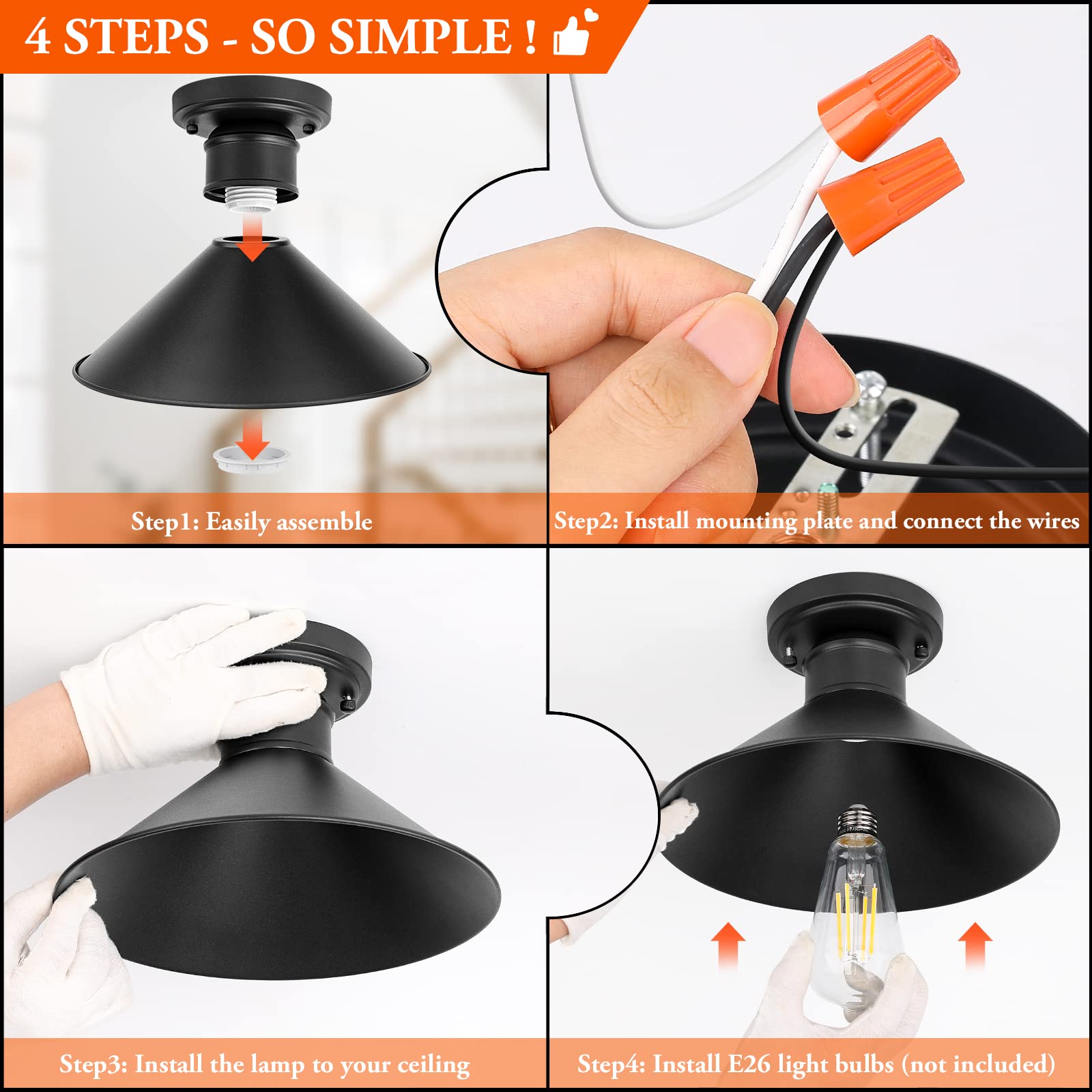 Brightever Industrial Semi Flush Mount Ceiling Lights, Matte Black, Metal, 2 Count, Model X10004P