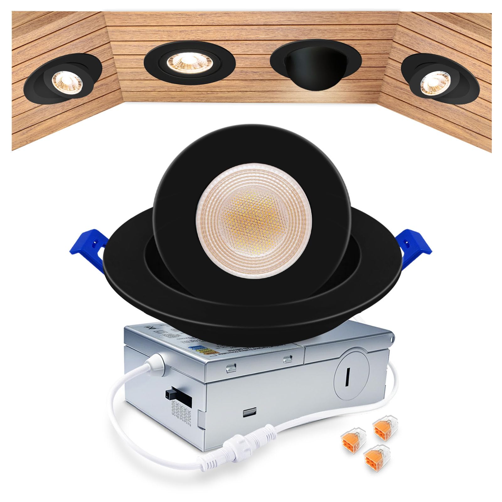 Zouzai 4 Inch 5Cct Gimbal Black Led Recessed Lights  360+90 Adjustable Directional Recessed Lighting  2700K-5000K Dimmable Retrofit Eyeball Can Lights With Jbox  Etl&Energy Star(Black 1 Pack)