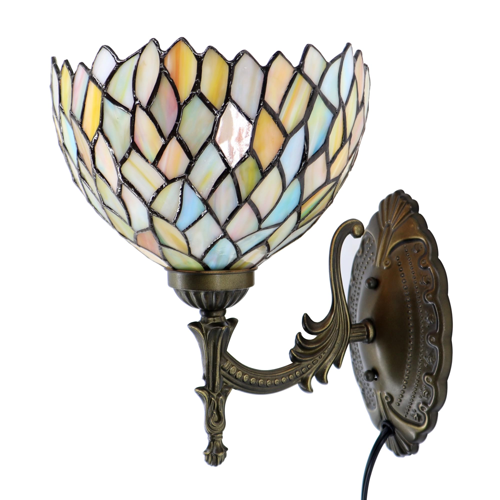 HWDFEI Tiffany Sconce Lamp Stained Glass Wall Lamp,8X10.5X11 Inch Plug in Wall Bedside Light for Hallway Bedroom (Seven Color Wi