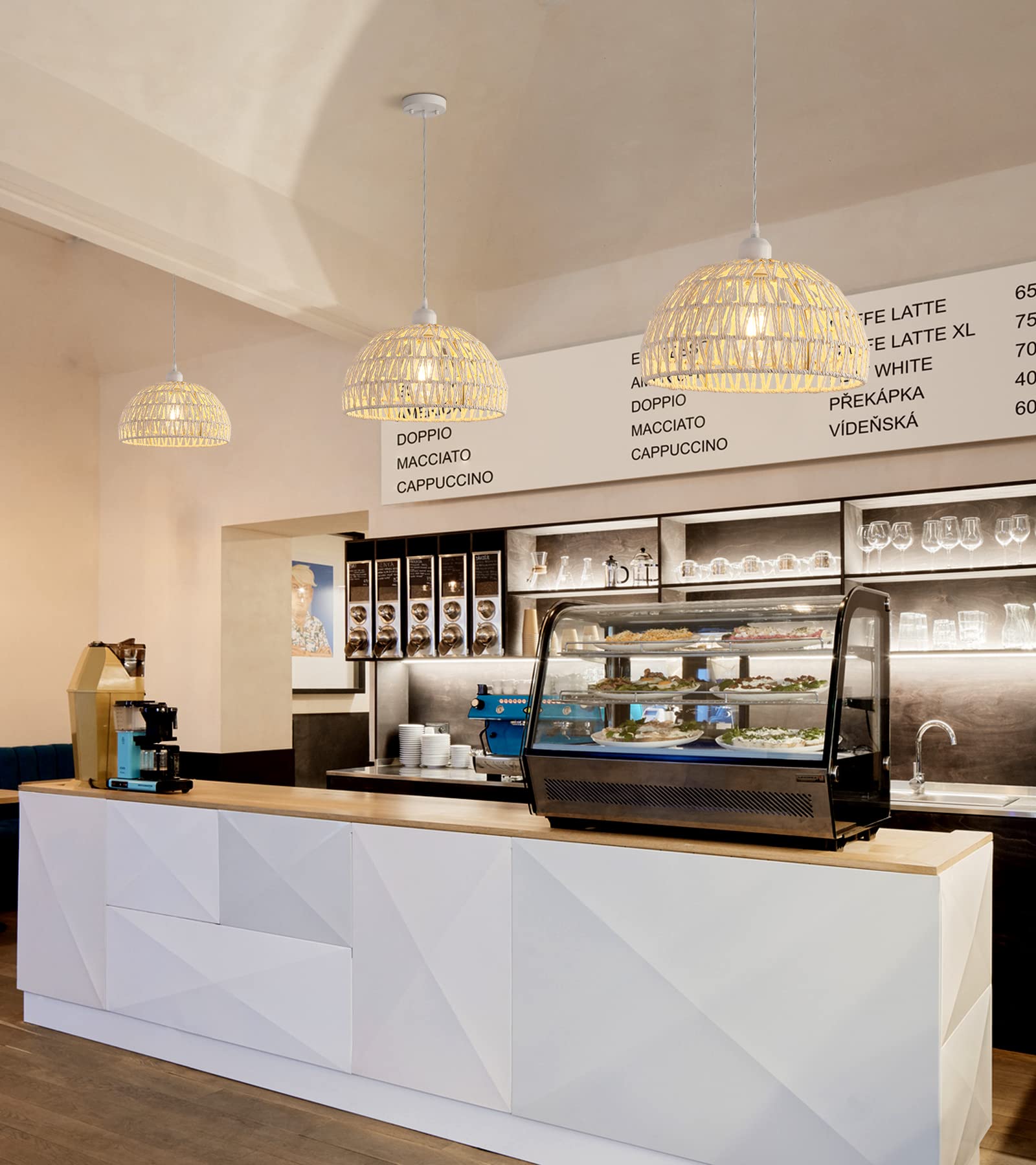 Meixisue Hand-Woven Rattan Wicker Boho Pendant Light,Minimalist Transitional Led Pendant Hanging Light Fixture For Kitchen Islan