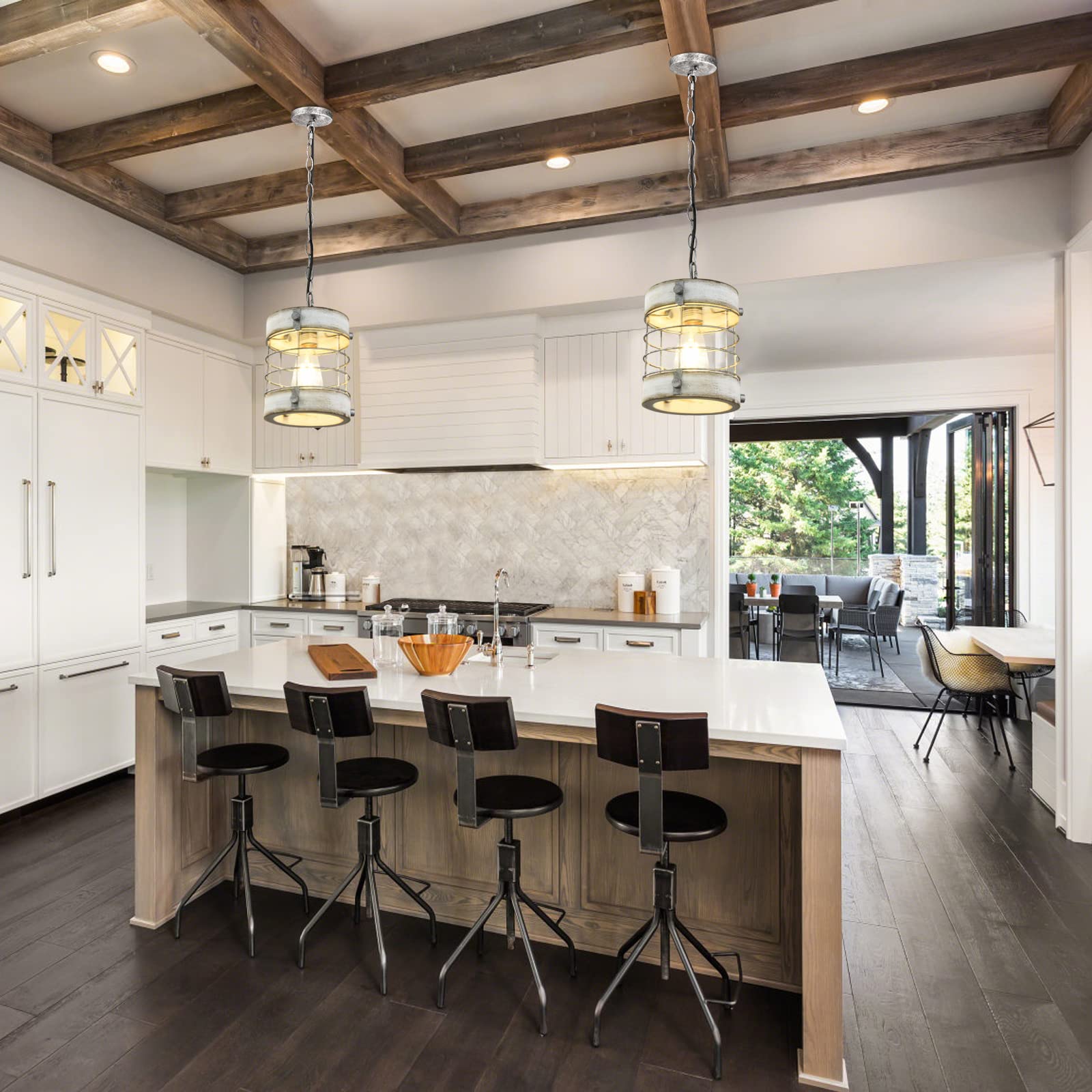 wochos Retro Industrial Metal and Wood Chandelier, 1-Light Pendant Light Fixture for Kitchen Island, White, D 7.9" x H 8.7"