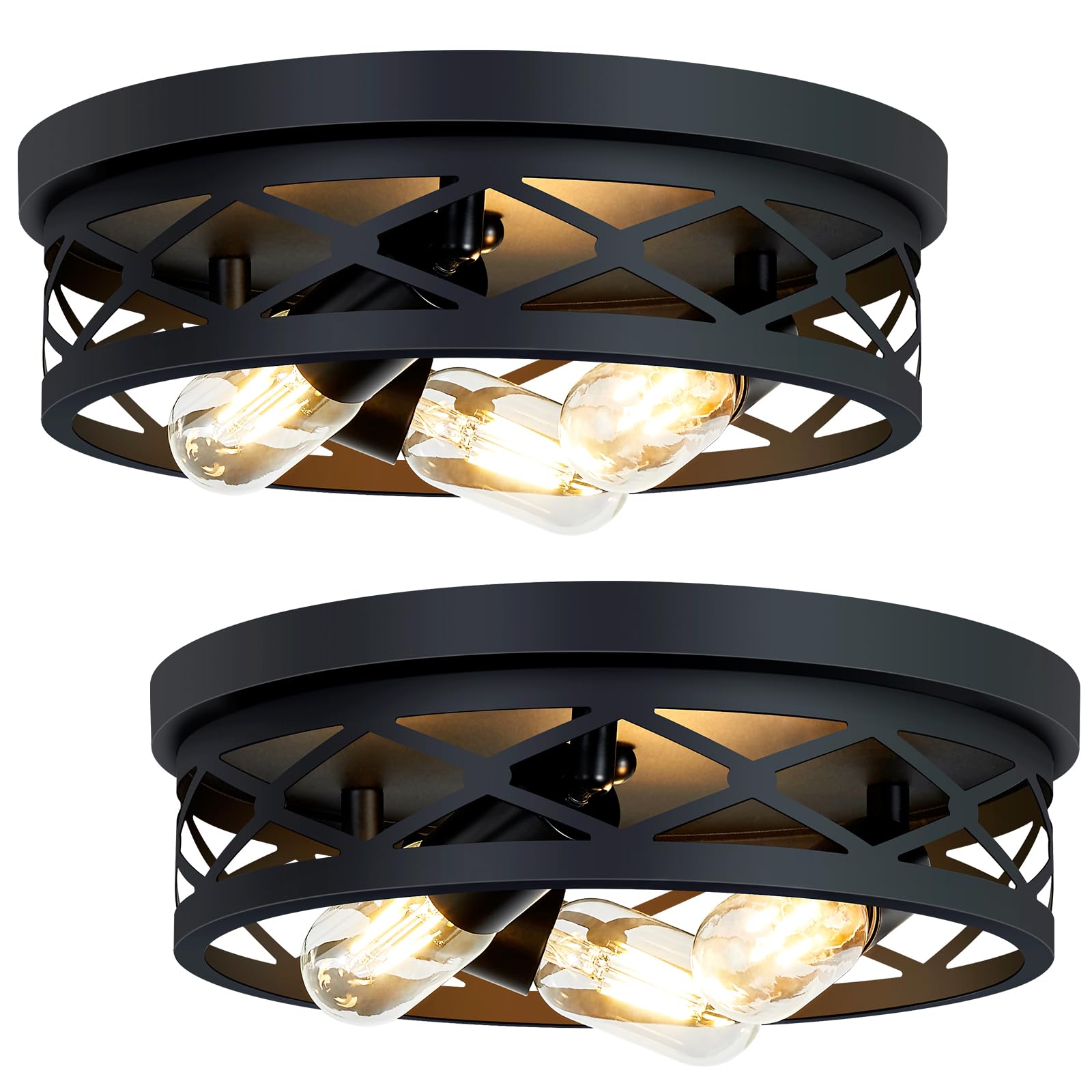 XPEHK 3-Light Flush Mount Ceiling Light Fixture, 13in, Matte Black, Model XP26, 2 Pack