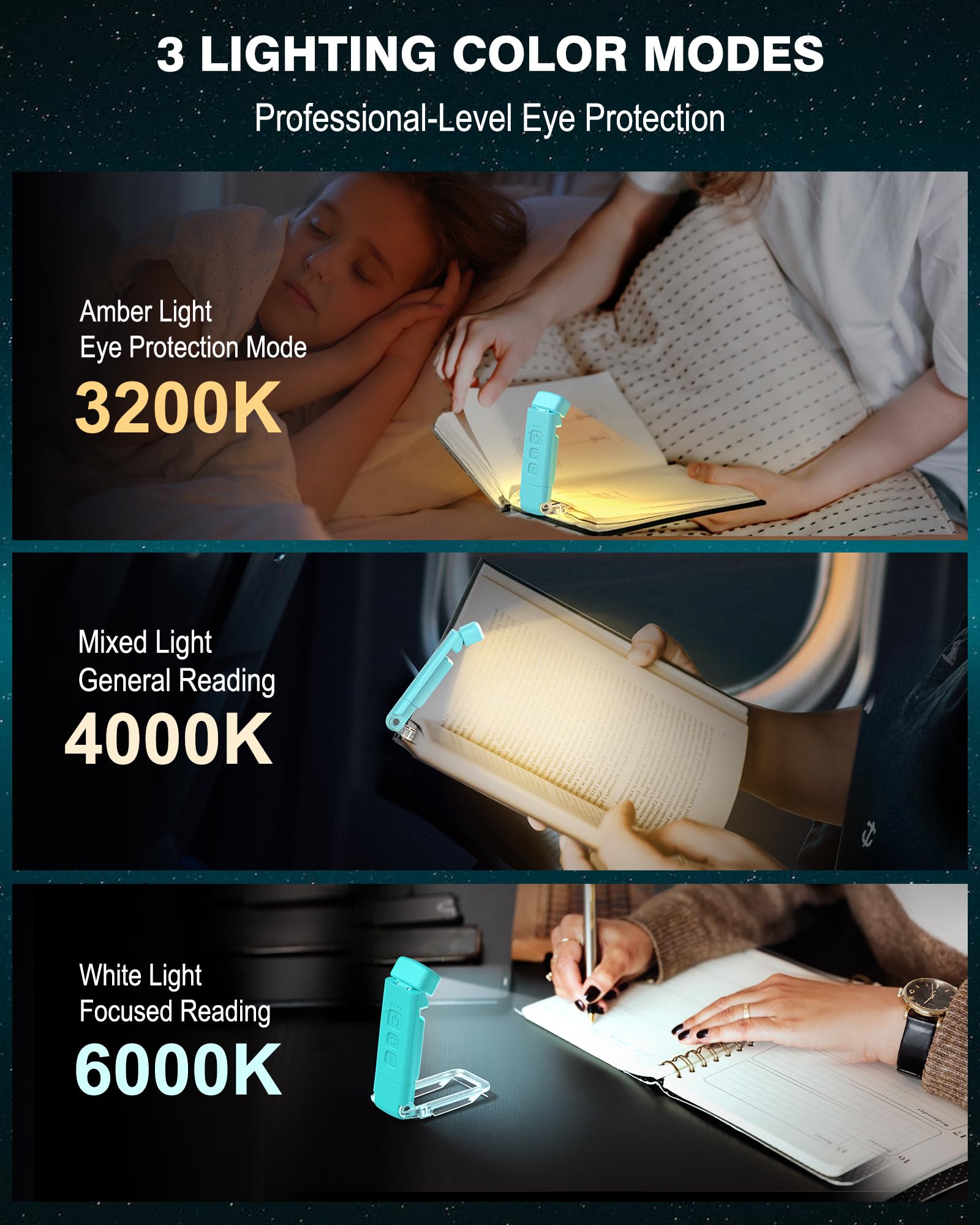 2-Pack Rechargeable Book Light With 6 Bookmarks, 3 Colors & 5 Brightness Levels, Eye Care, 30/60-Min Timer For Night Reading