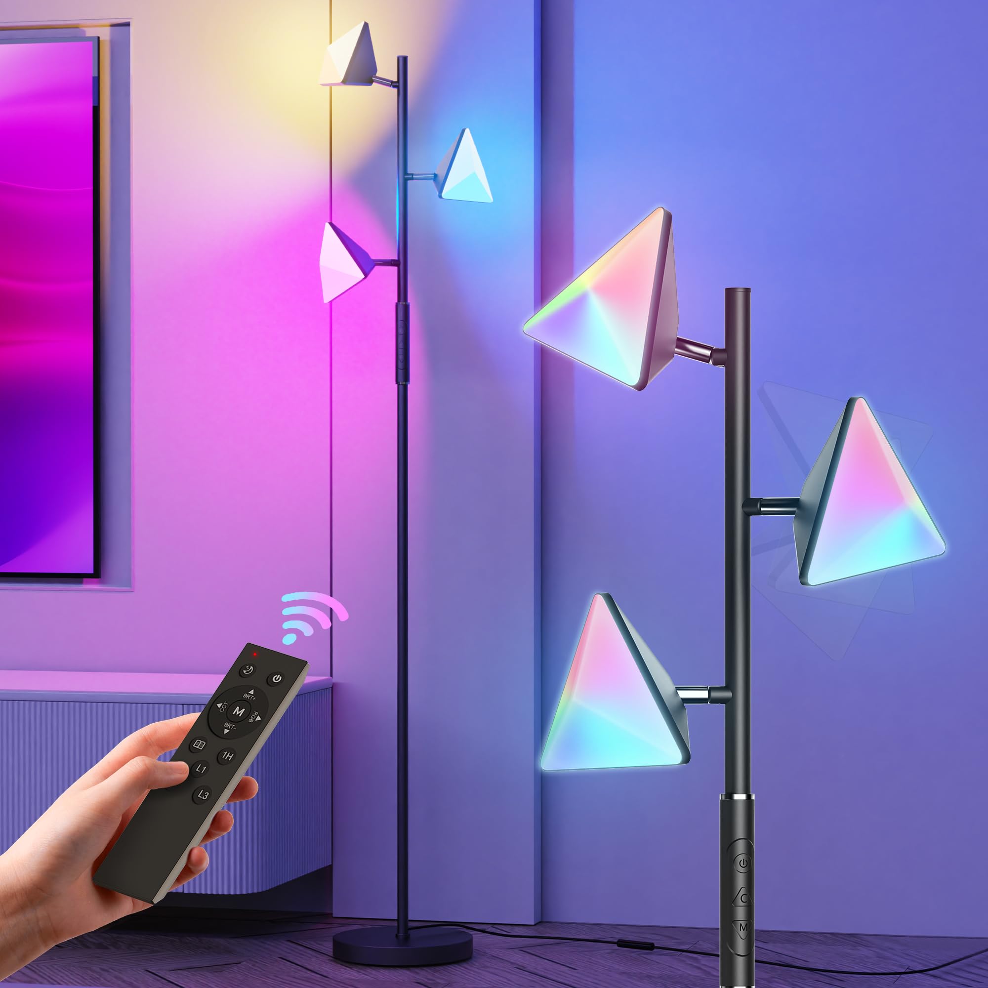 QiMH RGB Floor Lamp for Living Room, 36W LED Standing Lamp with 3 Lights, Dimmable Smart Lamp with Remote & Touch Control, Color