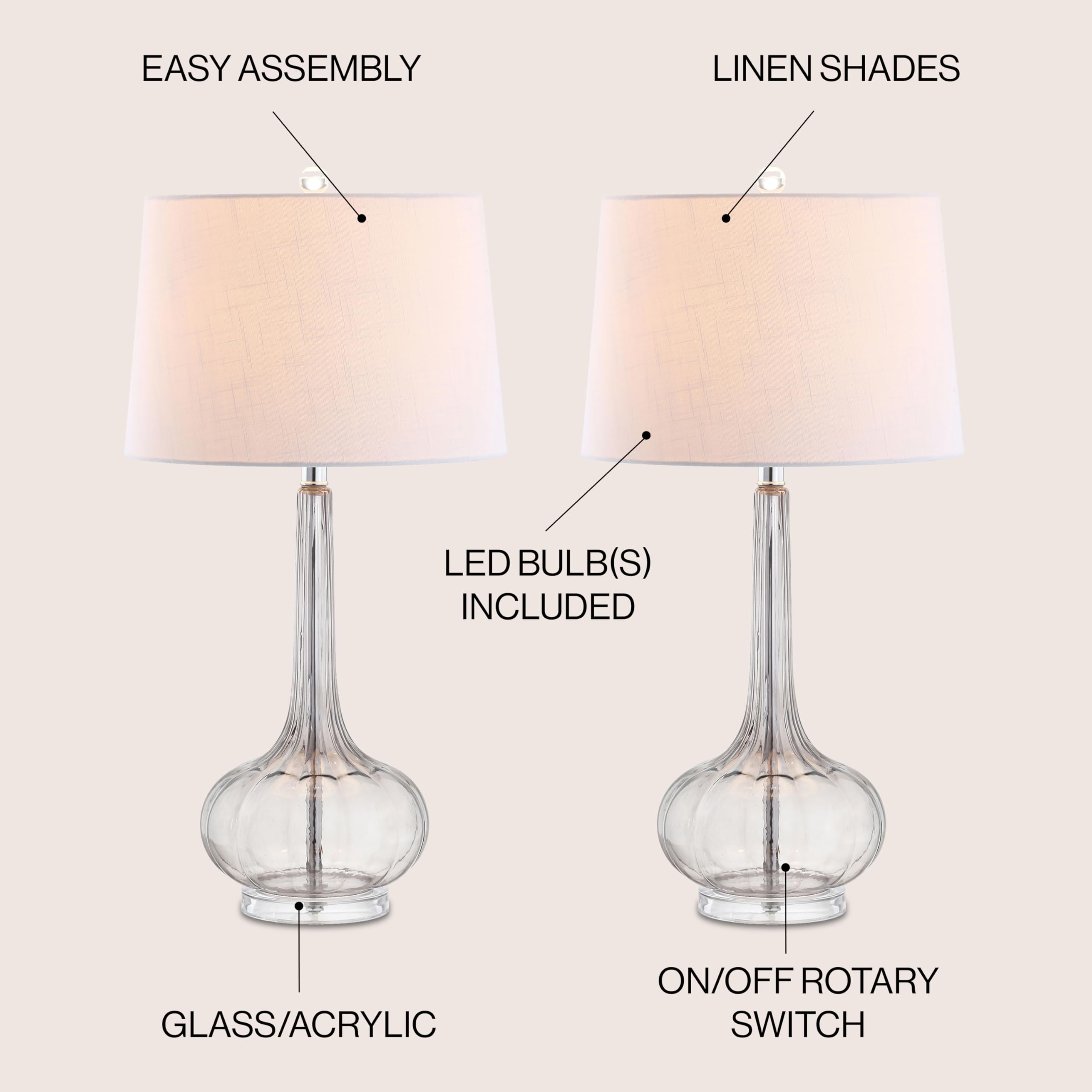 JONATHAN Y Glass Teardrop LED Table Lamp Set of 2, 28.5 in, Smoke Gray, Model JYL1079D-SET2, Contemporary Design for Bedroom/