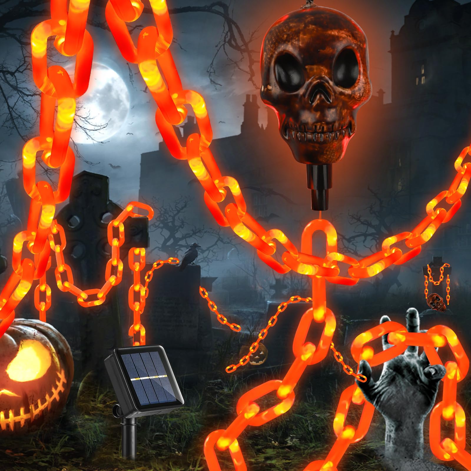X-GiftKey Solar Skull Chain Lights, 8 Modes Halloween Decor for Yard/Patio, Orange, Model XGKSLOS01